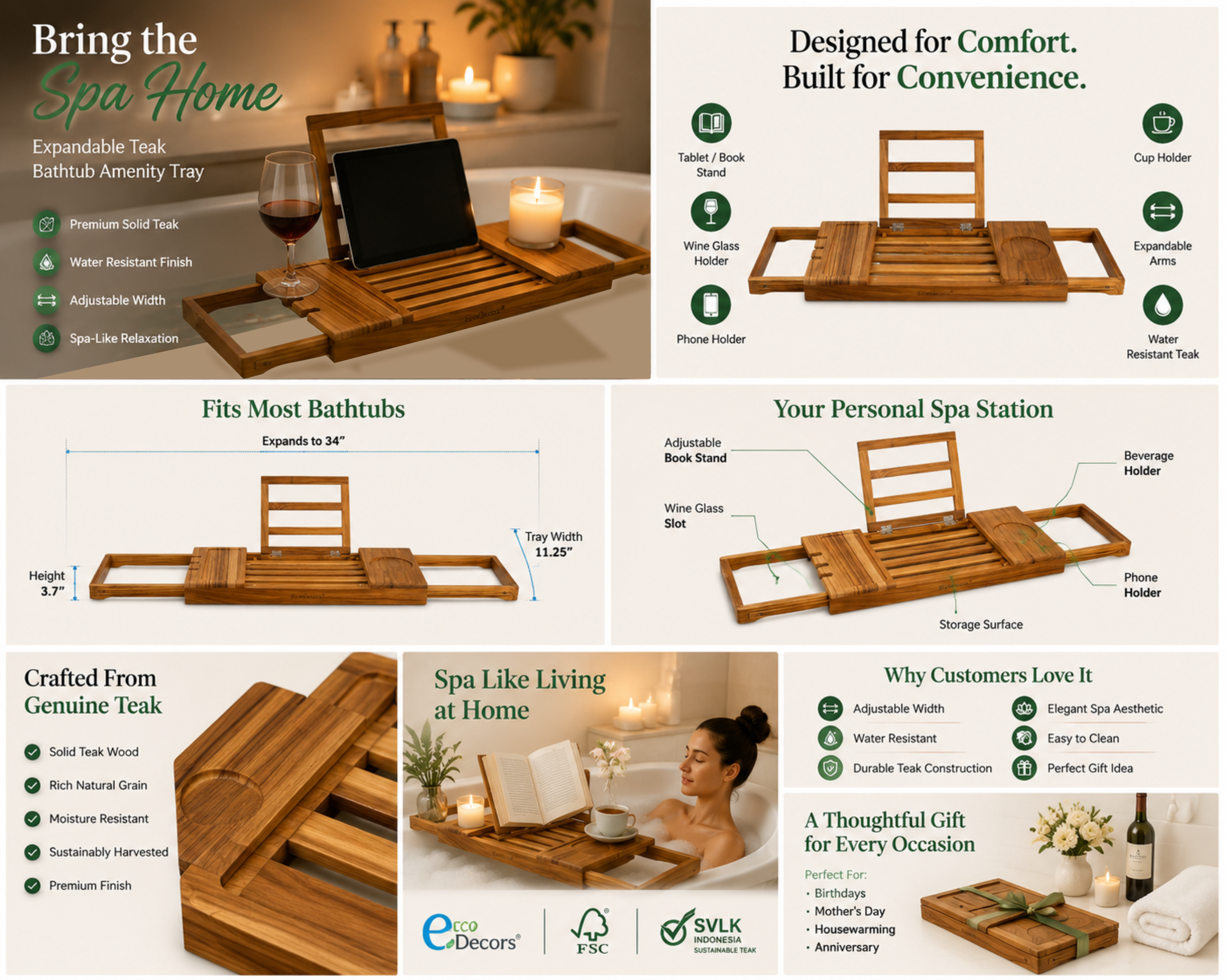 EcoDecors Expandable Teak Bathtub Tray Caddy – Adjustable Wooden Bath Tub Tray with Wine Glass Holder, Book & Tablet Stand, Spa Bath Caddy Organizer, Waterproof Solid Teak Bath Shelf