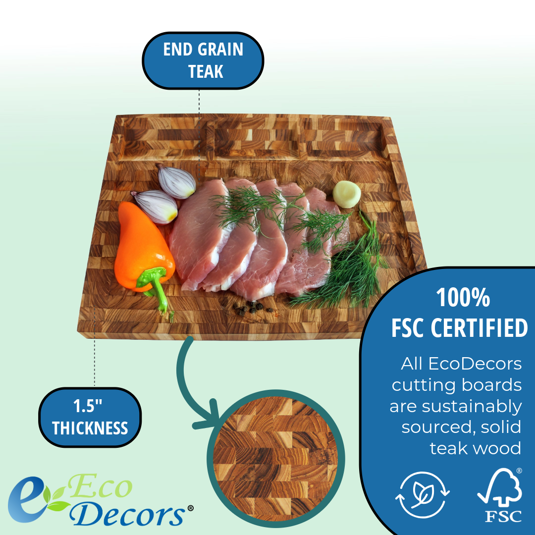 EcoDecors 24" x 18" FSC Teak End Grain Cutting Board with Groove & Handles