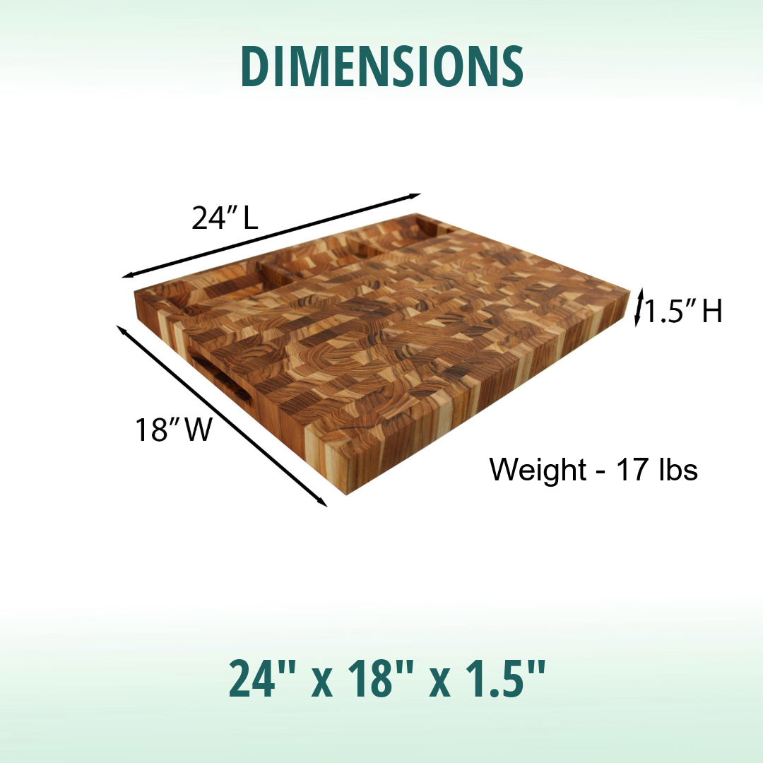 EcoDecors 24" x 18" FSC Teak End Grain Cutting Board with Groove & Handles
