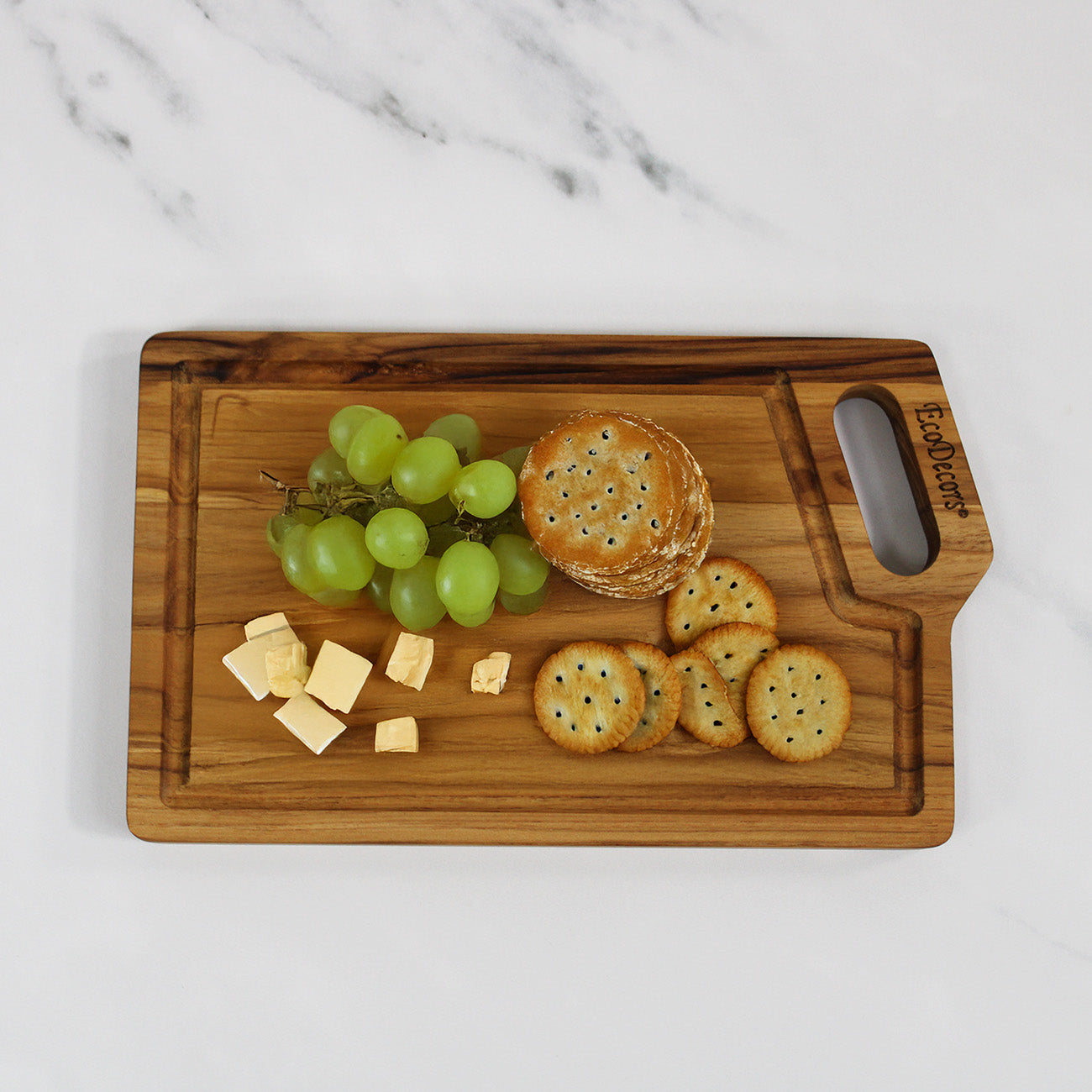 EcoDecors 10x6 Teak Edge Grain Cutting Board with Juice Groove & Handle