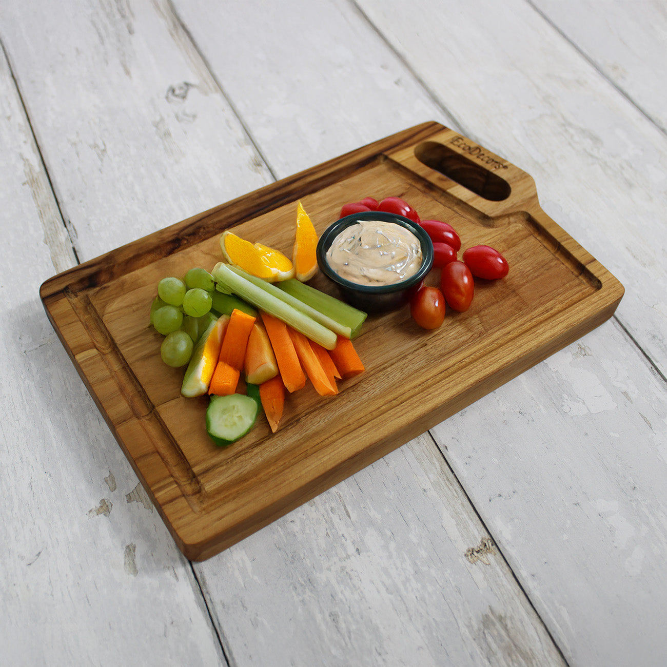 EcoDecors 10x6 Teak Edge Grain Cutting Board with Juice Groove & Handle