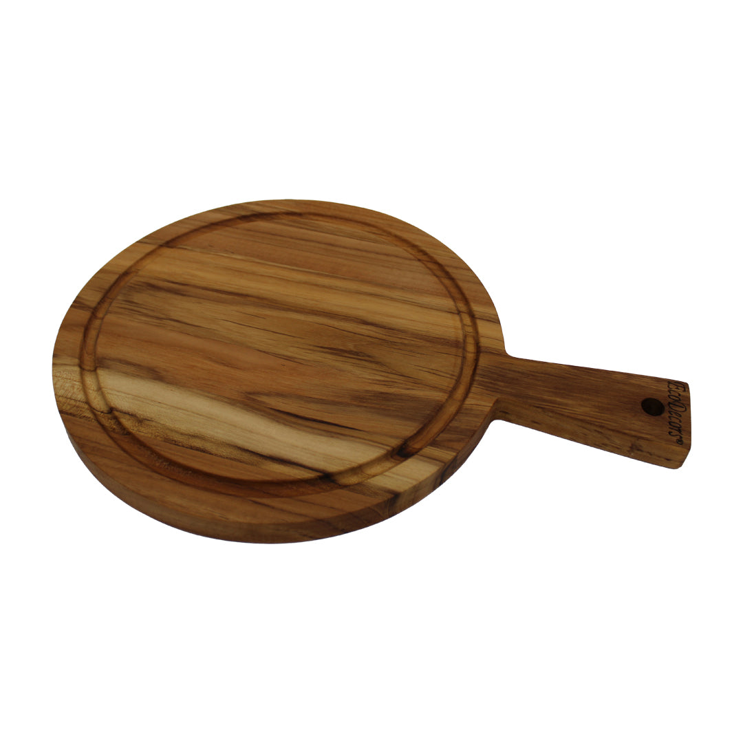 EcoDecors 14" x 10" FSC Teak Edge Grain Round Board with Handle & Groove
