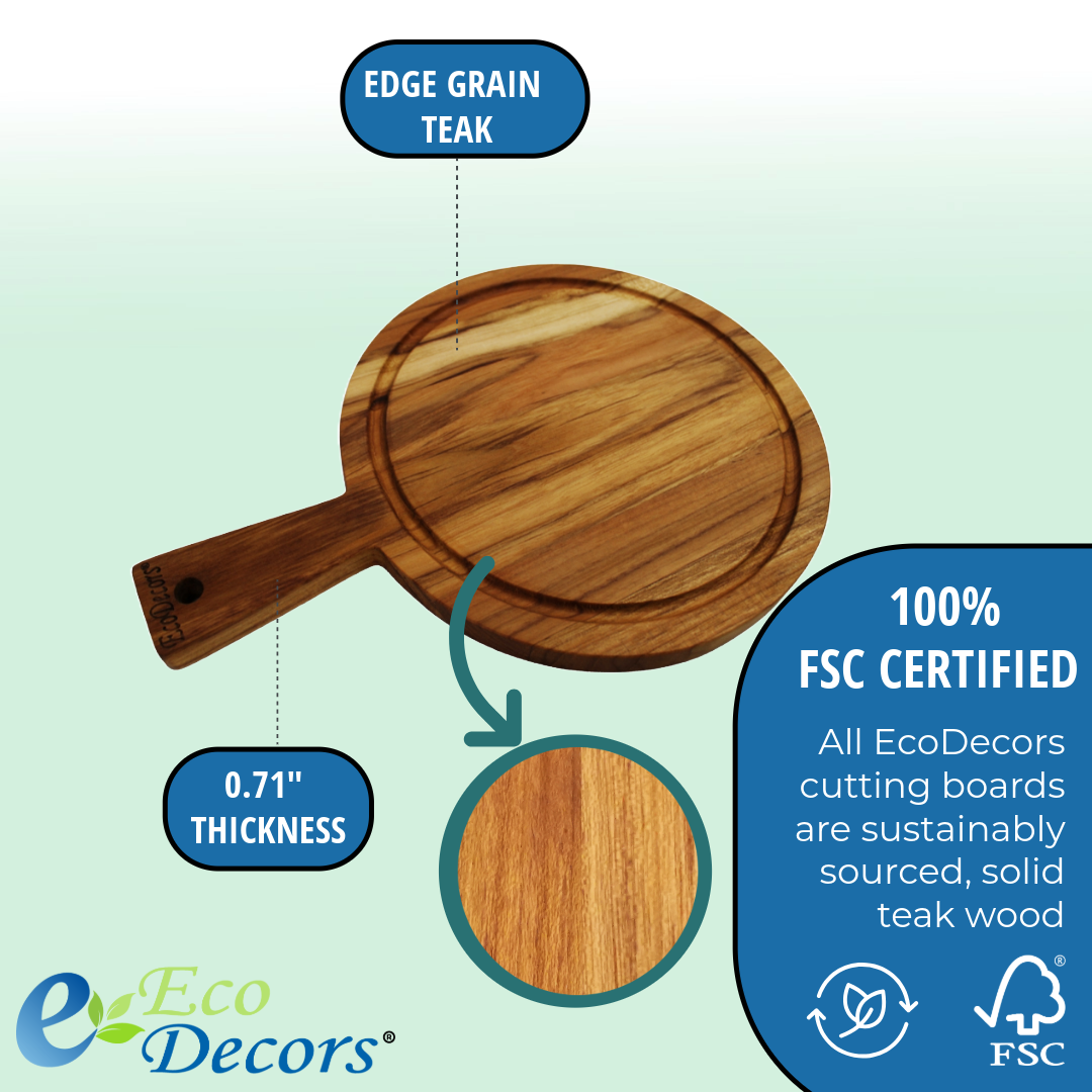 EcoDecors 14" x 10" FSC Teak Edge Grain Round Board with Handle & Groove