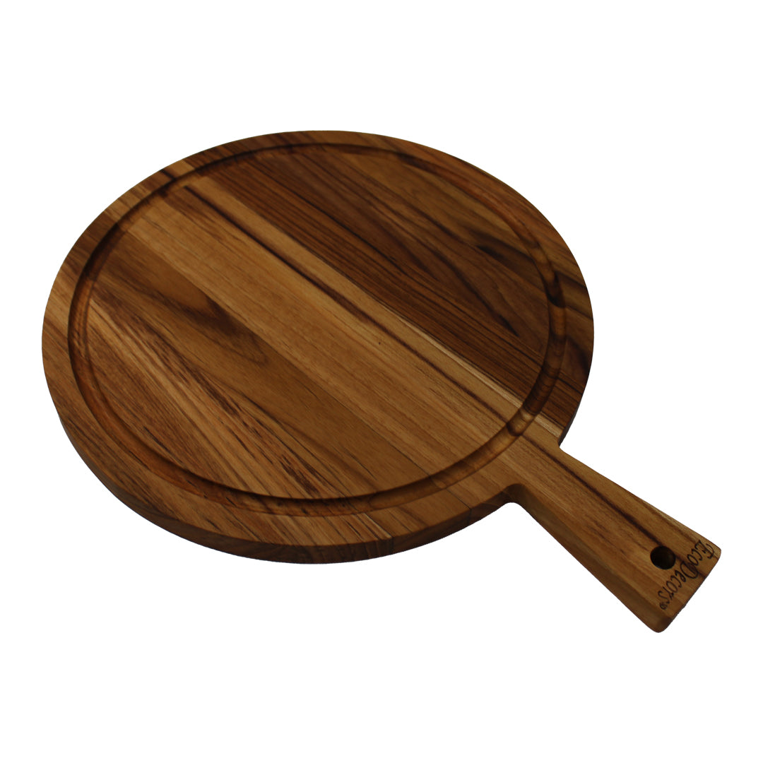 EcoDecors 16" x 12" Round FSC Teak Cutting Board with Handle & Juice Groove