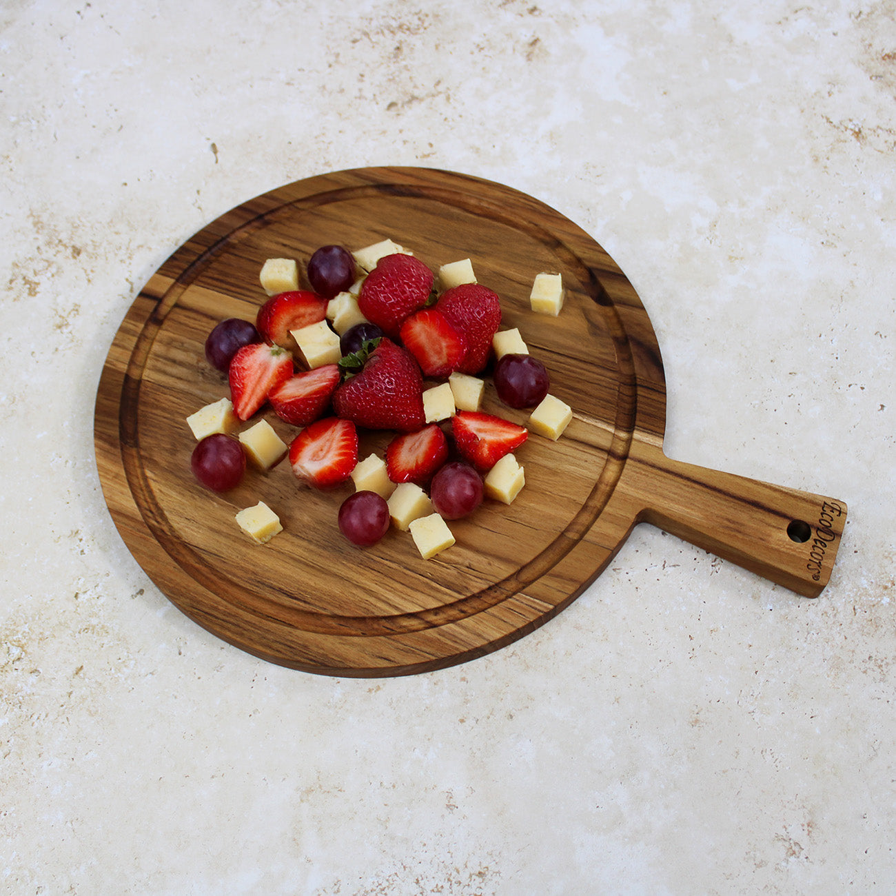 EcoDecors 16" x 12" Round FSC Teak Cutting Board with Handle & Juice Groove