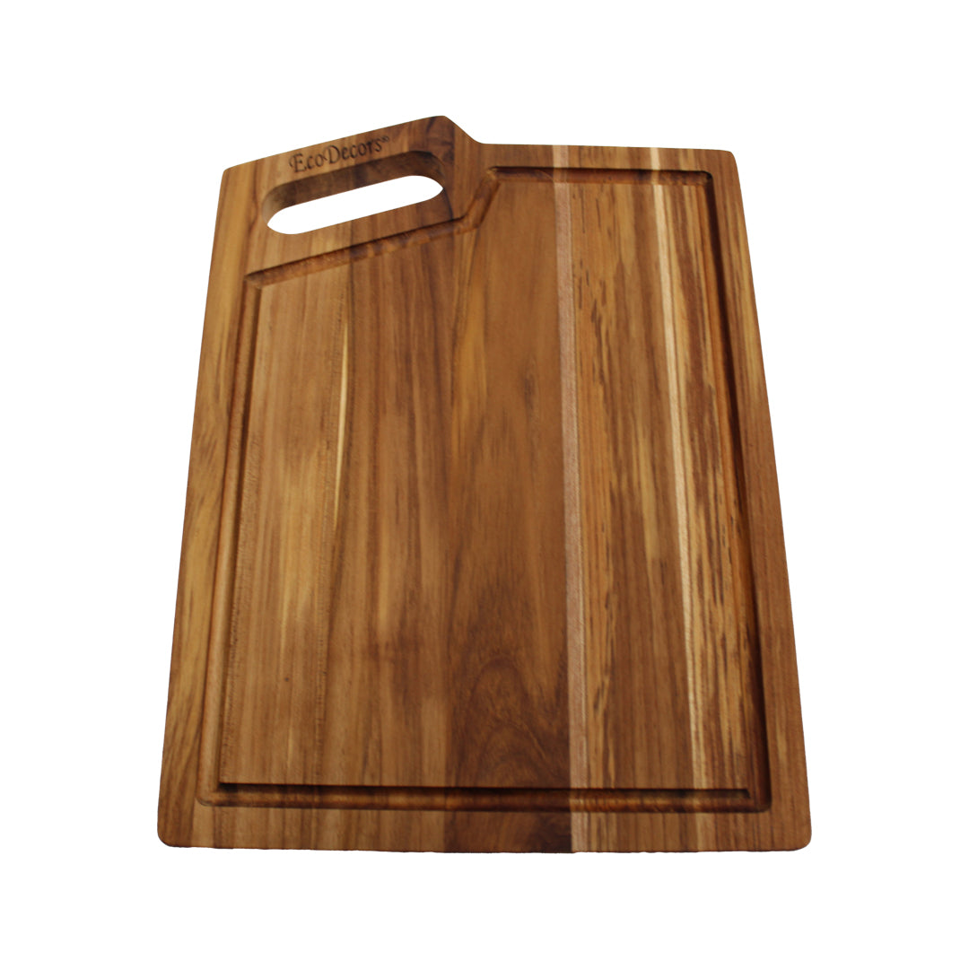 EcoDecors 14" x 10" FSC Teak Edge Grain Cutting Board with Handle & Groove