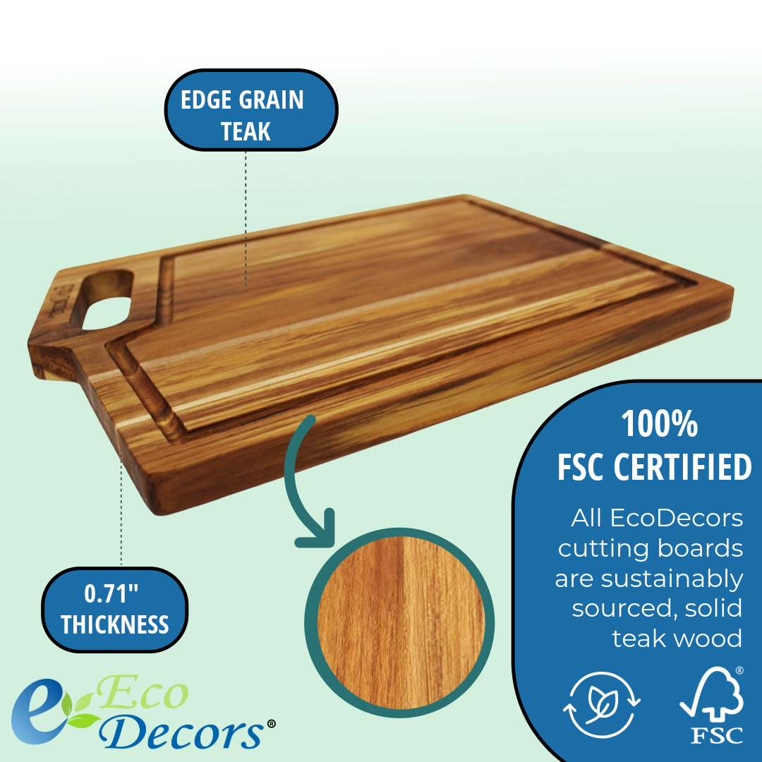 EcoDecors 14" x 10" FSC Teak Edge Grain Cutting Board with Handle & Groove