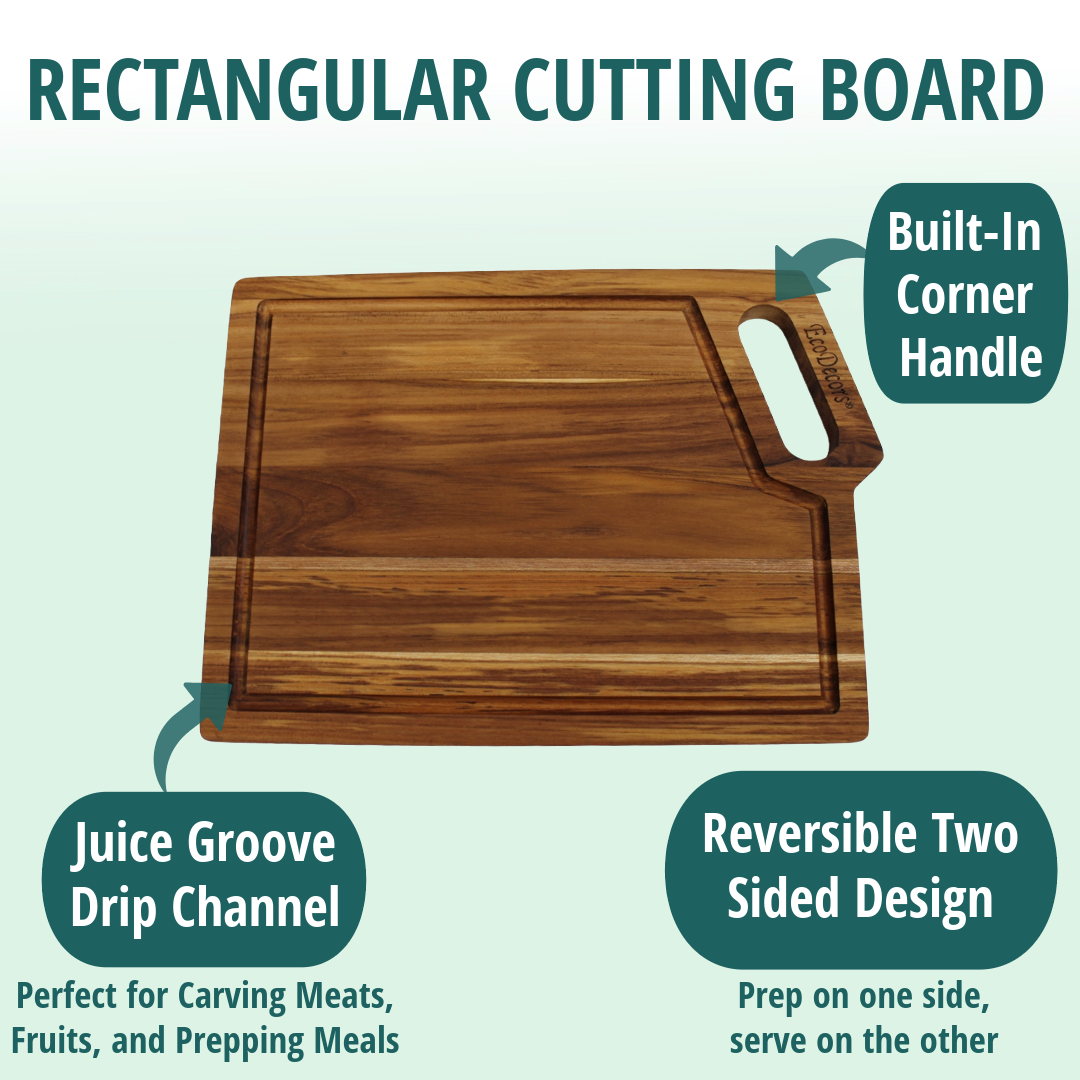 EcoDecors 14" x 10" FSC Teak Edge Grain Cutting Board with Handle & Groove