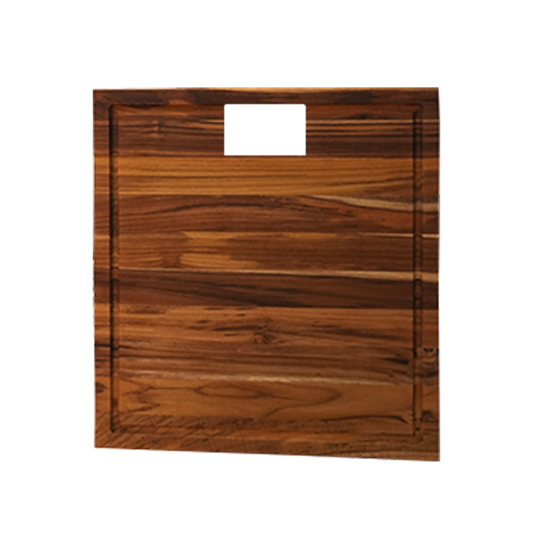 EcoDecors 17" x 18" FSC Teak Edge Grain Cutting Board with Groove & Handle