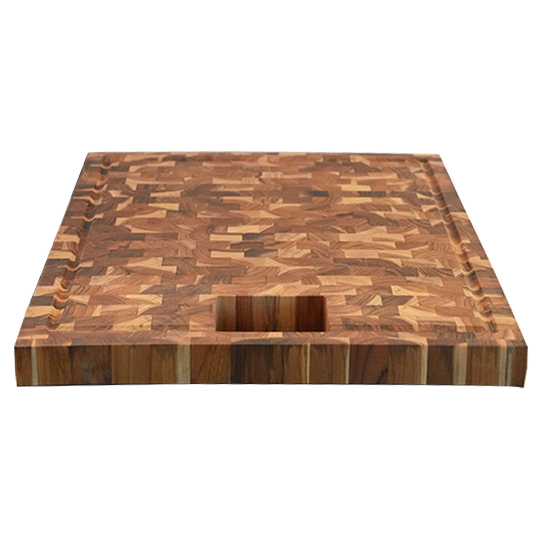 EcoDecors 17" x 18" FSC Teak End Grain Board with Groove, Handles & Chute