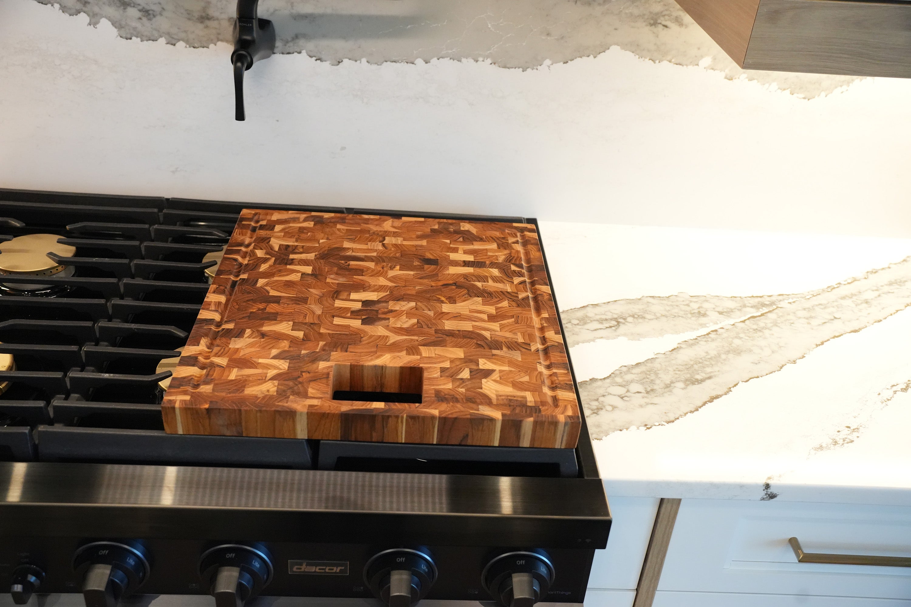 EcoDecors 17" x 18" FSC Teak End Grain Board with Groove, Handles & Chute