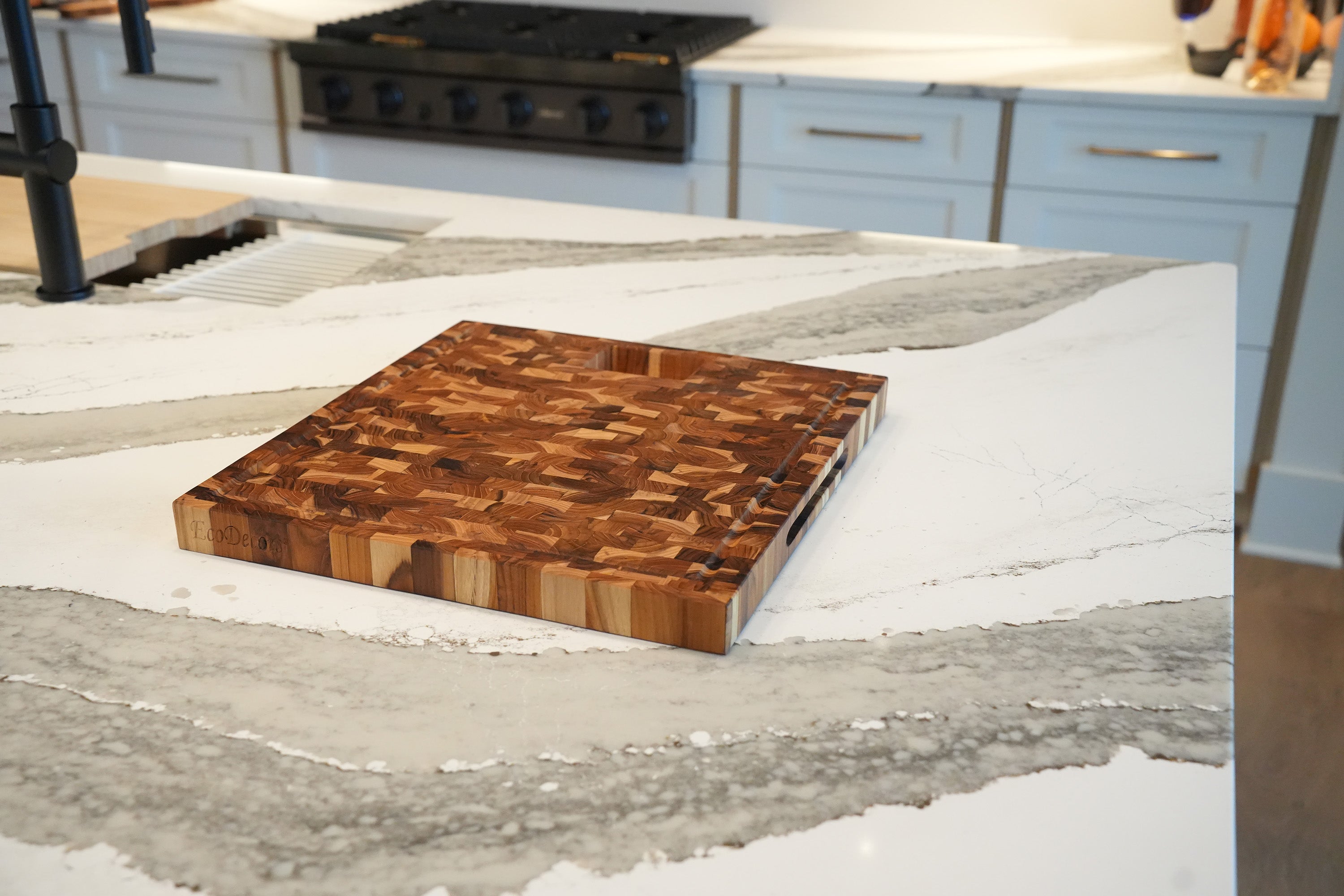 EcoDecors 17" x 18" FSC Teak End Grain Board with Groove, Handles & Chute