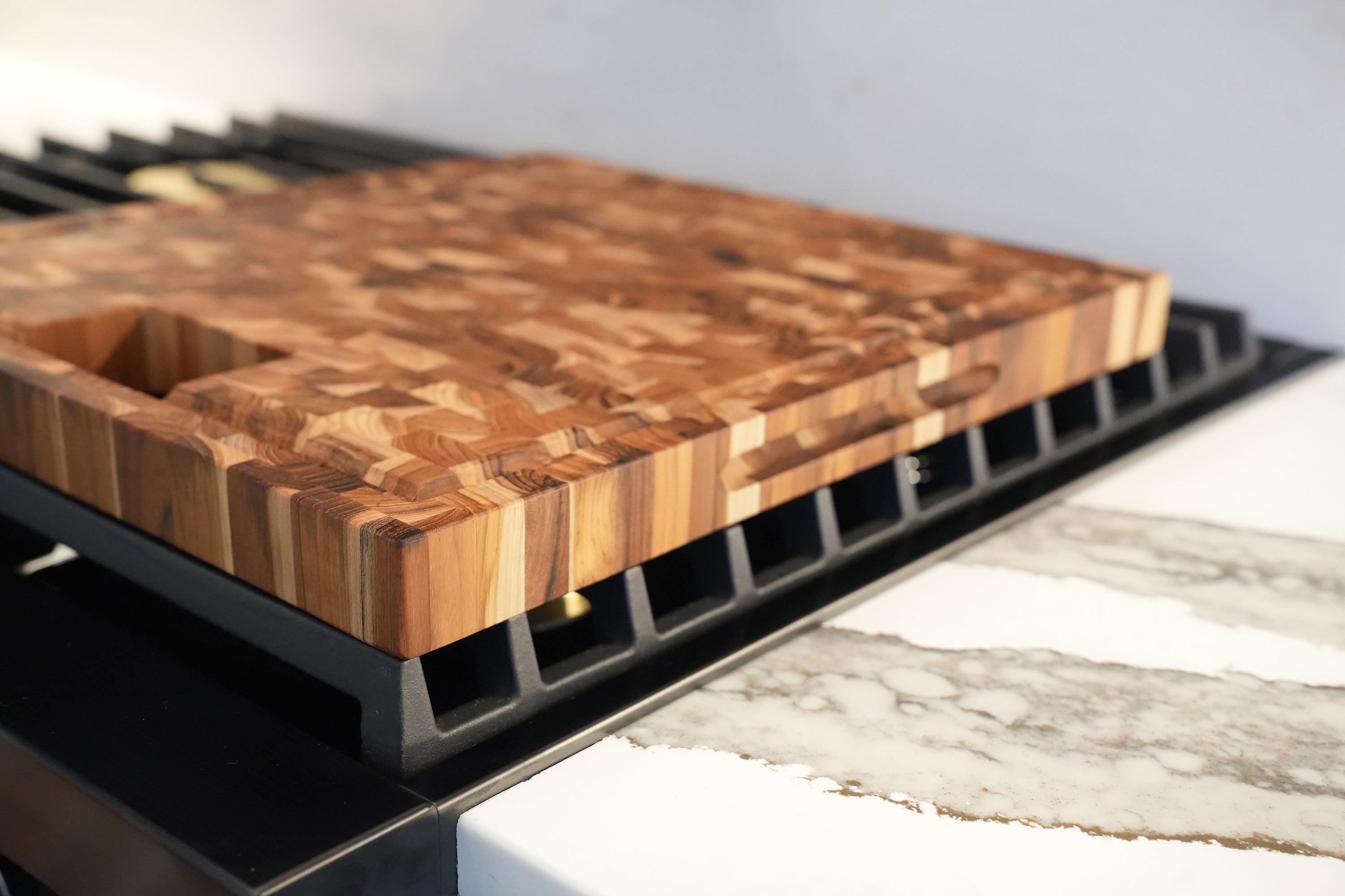 EcoDecors 17" x 18" FSC Teak End Grain Board with Groove, Handles & Chute