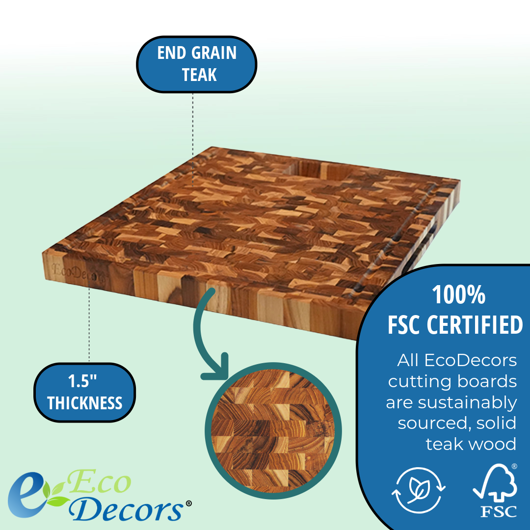 EcoDecors 17" x 18" FSC Teak End Grain Board with Groove, Handles & Chute
