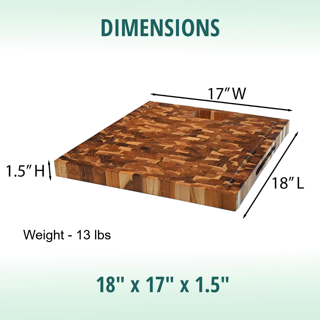 EcoDecors 17" x 18" FSC Teak End Grain Board with Groove, Handles & Chute