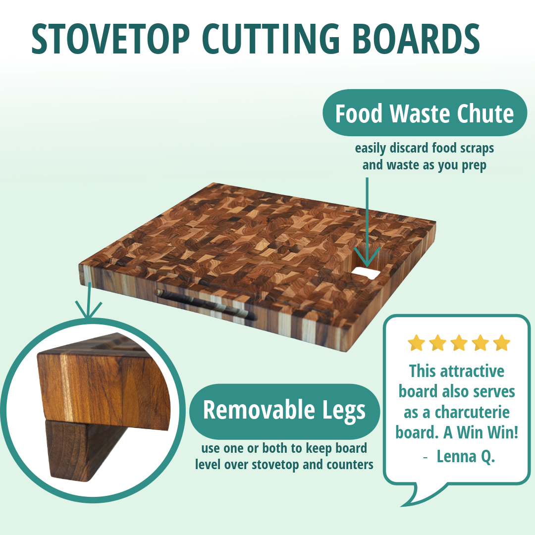 EcoDecors 17" x 18" FSC Teak End Grain Board with Groove, Handles & Chute