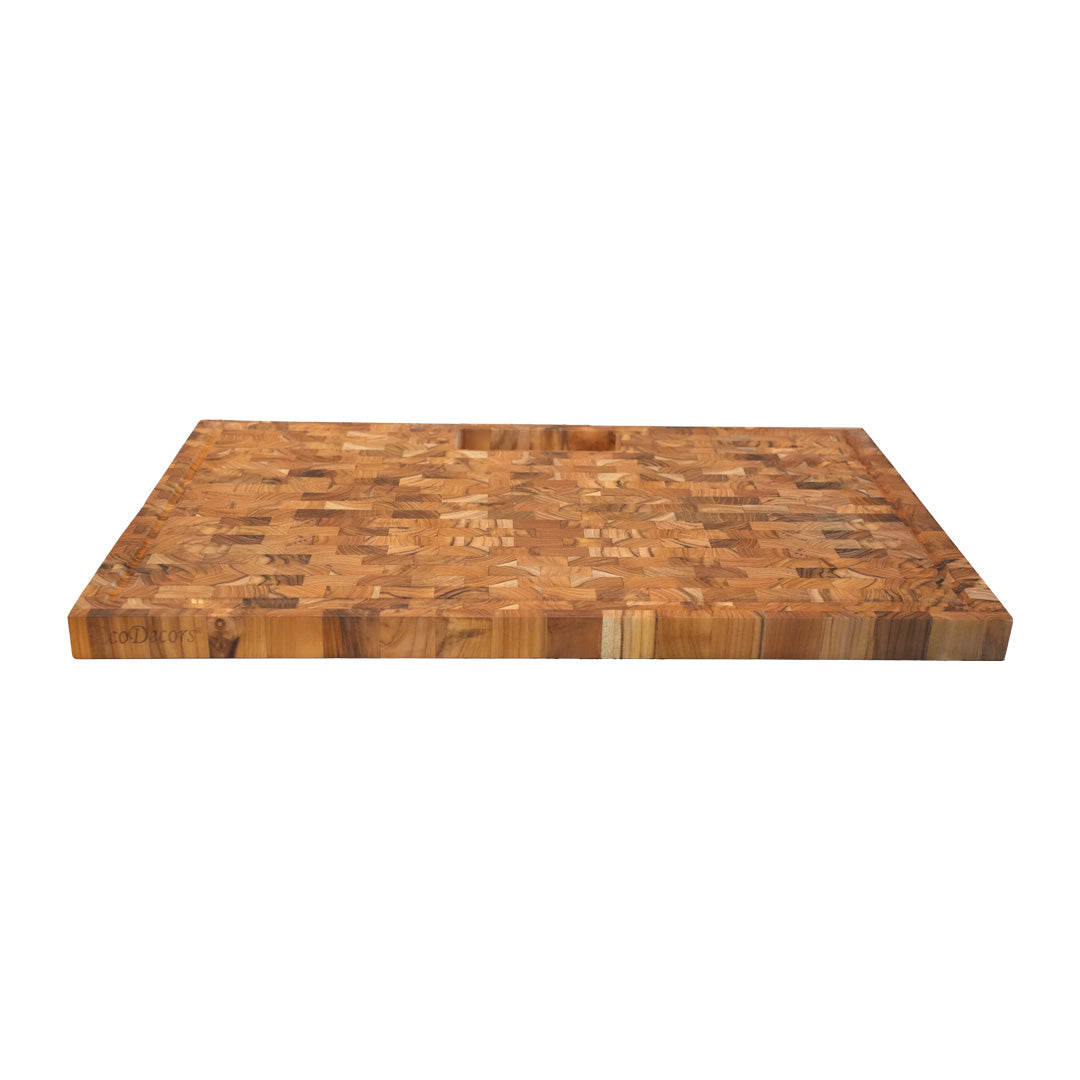EcoDecors 29" x 18" FSC Teak End Grain Stove Top Cutting Board with Groove & Handles