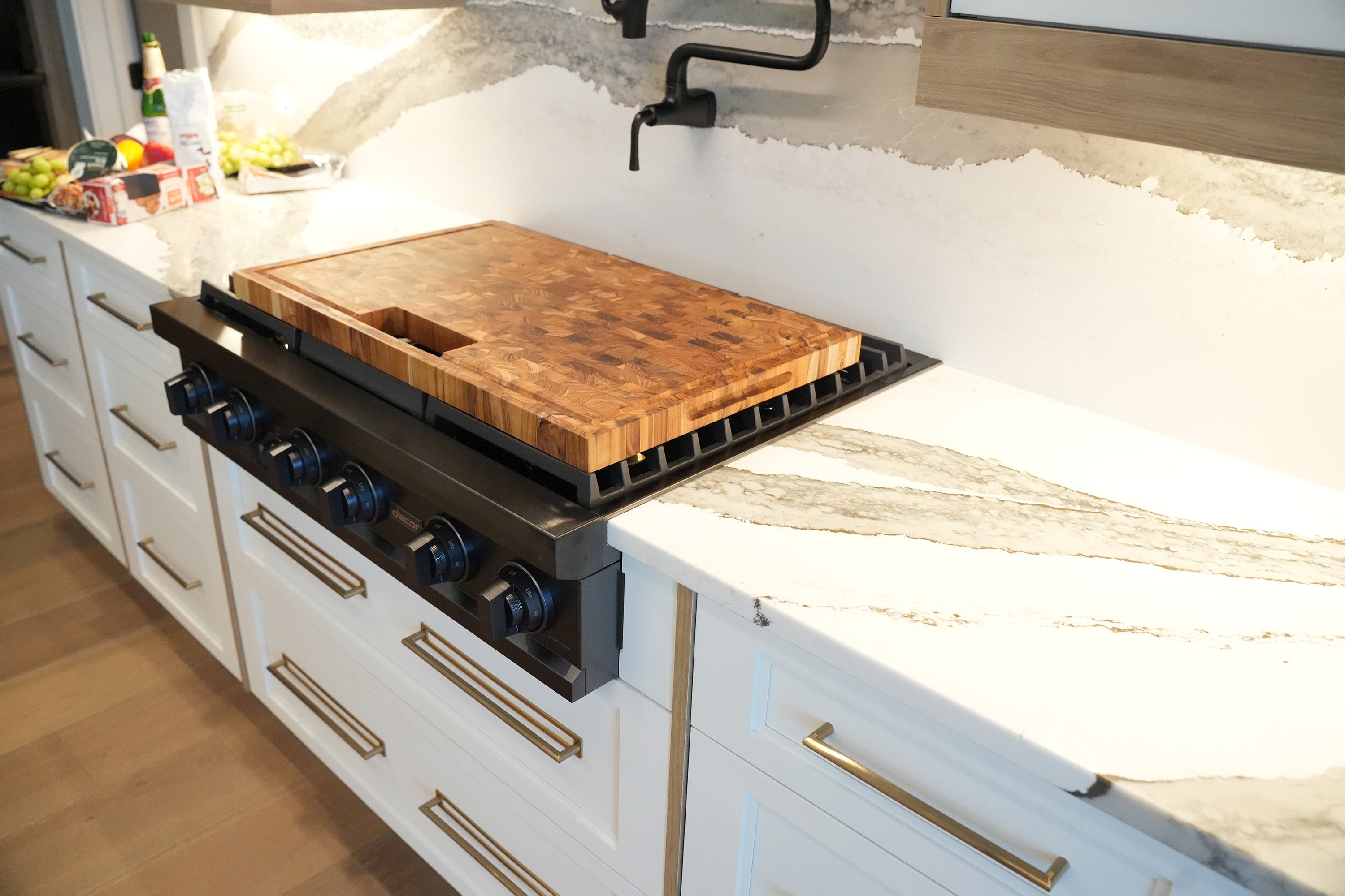 EcoDecors 29" x 18" FSC Teak End Grain Stove Top Cutting Board with Groove & Handles