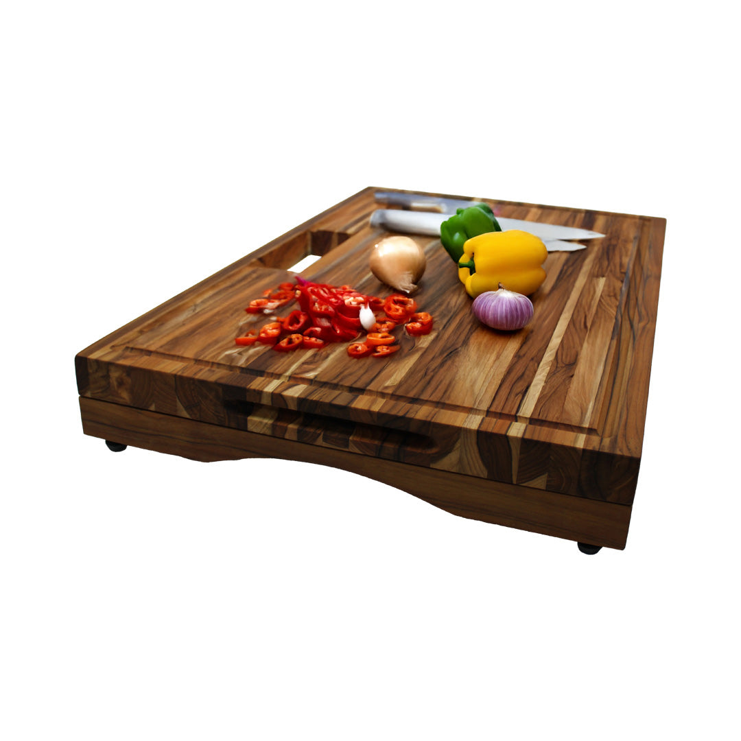 EcoDecors 29" x 18" FSC Teak Edge Grain Stove Top Cutting Board with Groove & Handle