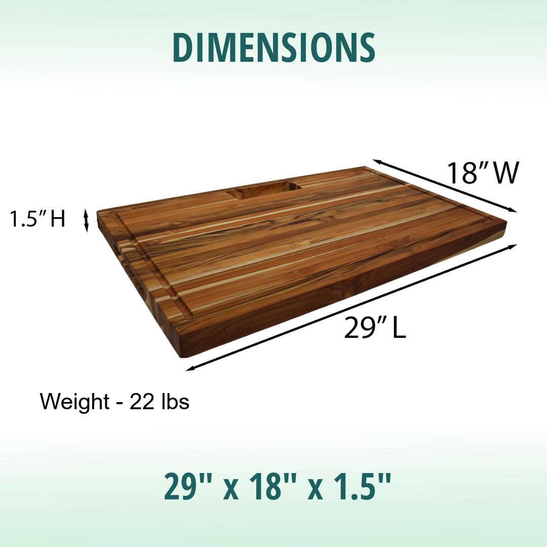 EcoDecors 29" x 18" FSC Teak Edge Grain Stove Top Cutting Board with Groove & Handle