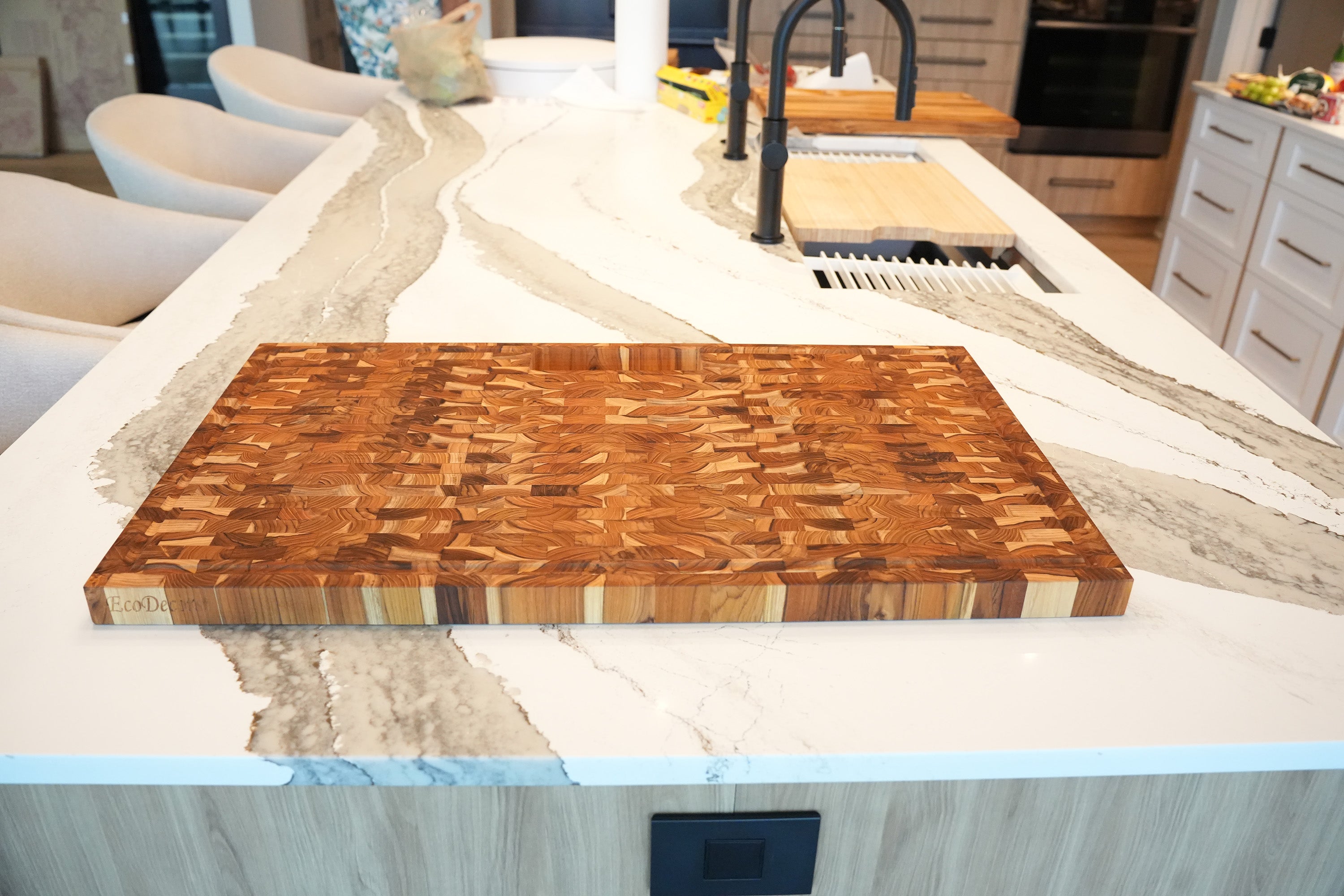 EcoDecors 34" x 20" FSC Teak End Grain Butcher Block with Groove