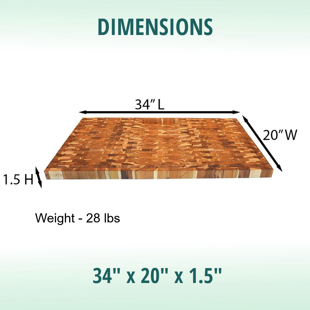 EcoDecors 34" x 20" FSC Teak End Grain Butcher Block with Groove