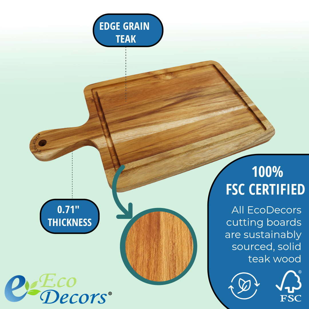 EcoDecors 15.5" x 8.5" Edge Grain FSC Teak Cutting Board with Handle