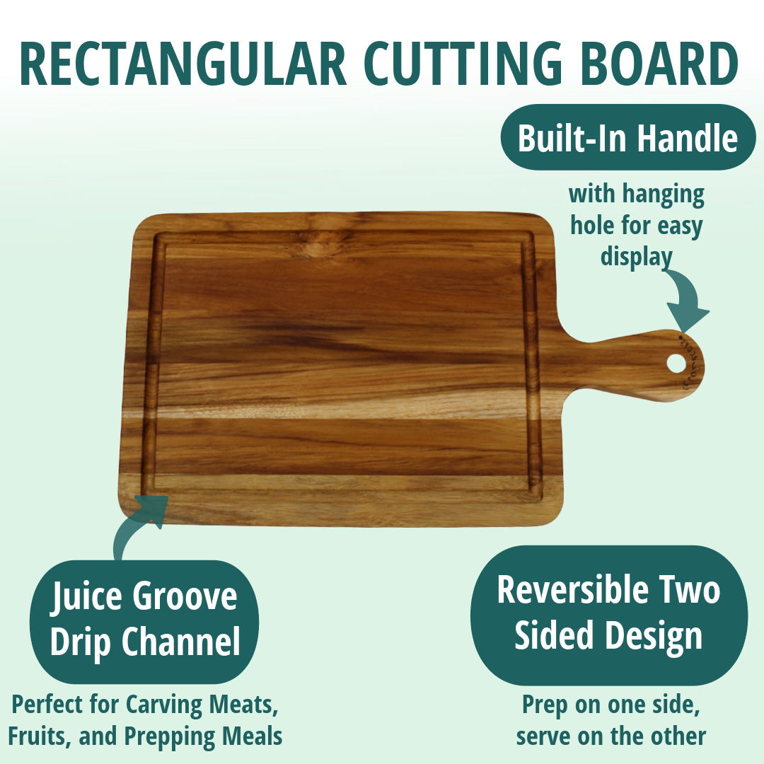 EcoDecors 15.5" x 8.5" Edge Grain FSC Teak Cutting Board with Handle