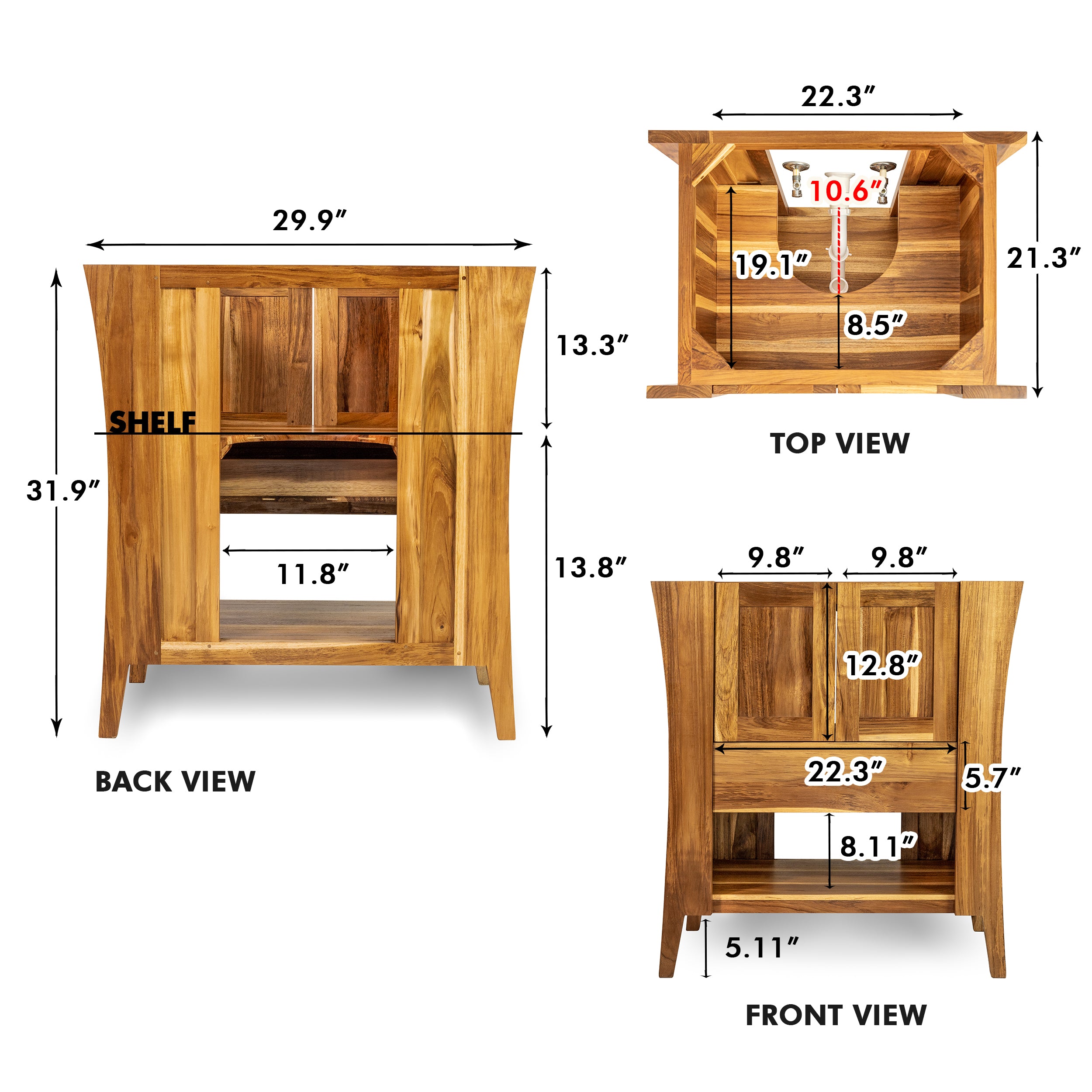EcoDecors® Curvature® 30" Teak Wood Free Standing Bathroom Vanity in EarthyTeak® Finish