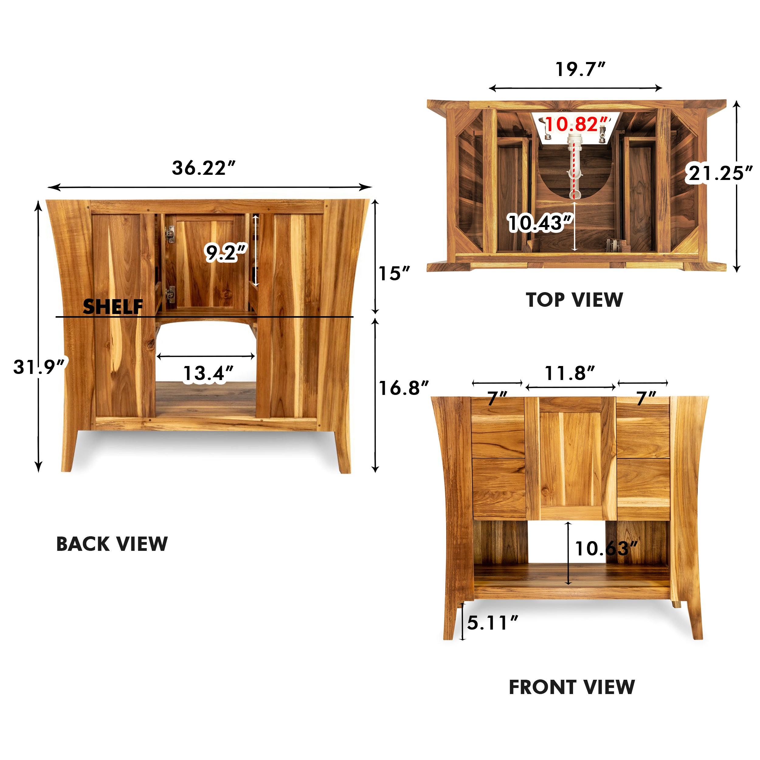 EcoDecors® Curvature® 36" Teak Wood Free Standing Bathroom Vanity in EarthyTeak® Finish