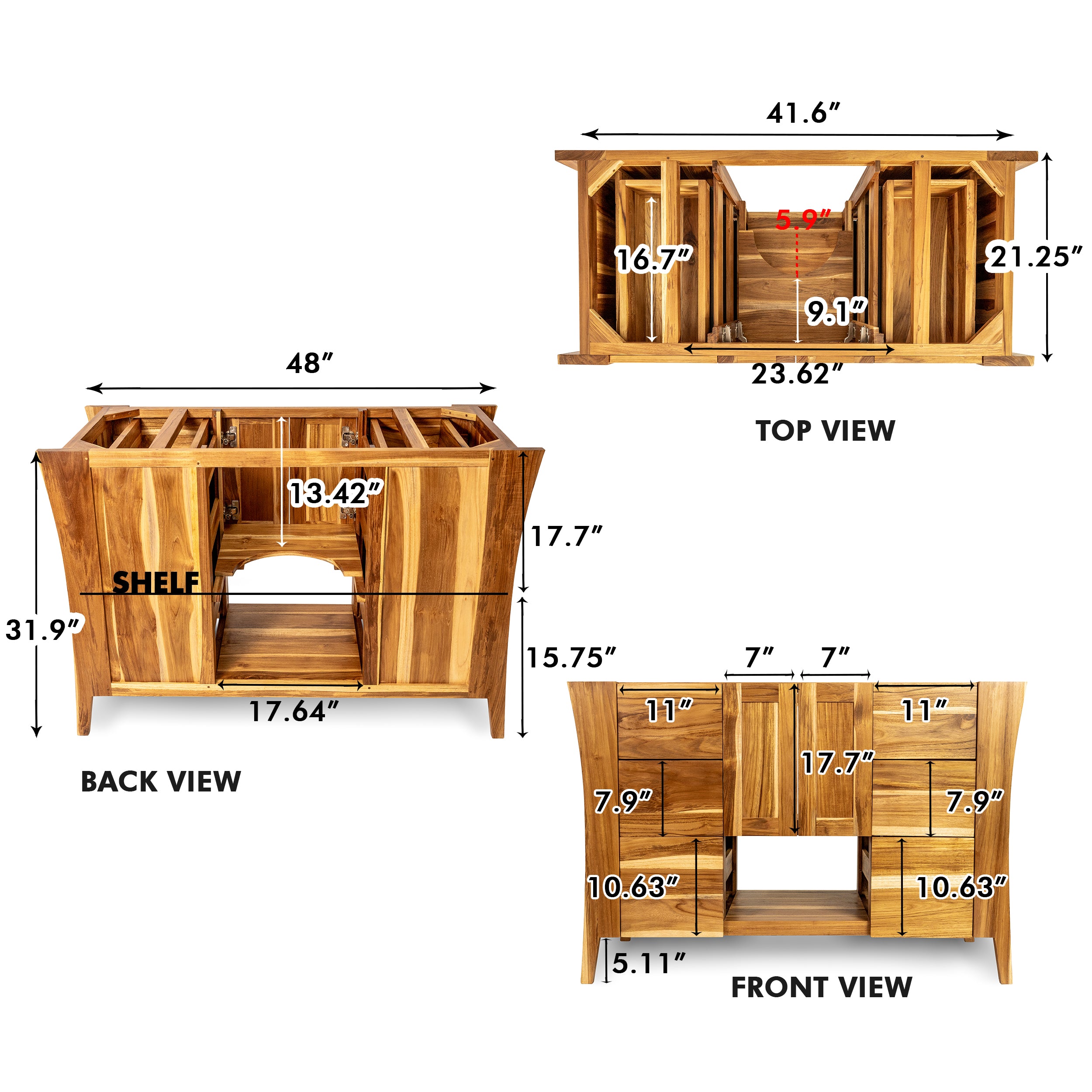 EcoDecors® Curvature® 48" Teak Wood Free Standing Bathroom Vanity in EarthyTeak® Finish