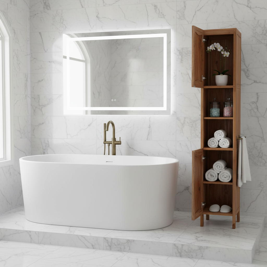 EcoDecors® Curvature® 79" Teak Wood Free Standing Linen Tower in EarthyTeak® Finish