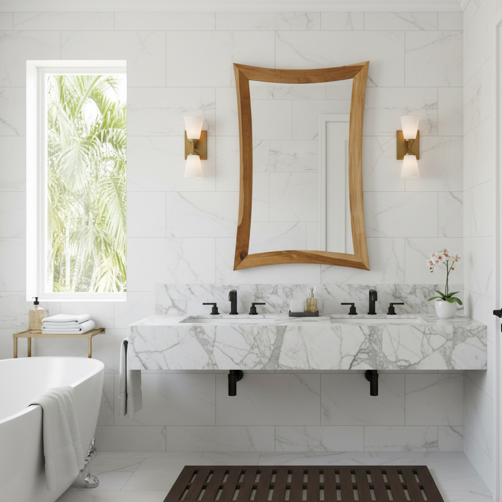 EcoDecors® Curvature® 24" x 35" Teak Wood Wall Mirror in EarthyTeak® Finish