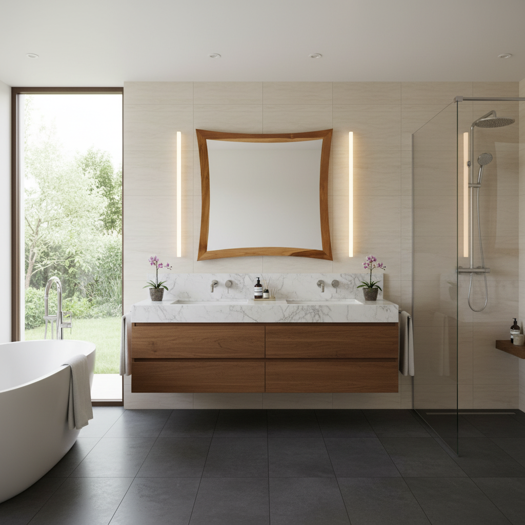 EcoDecors® Curvature® 36" x 35" Teak Wood Wall Mirror in EarthyTeak® Finish