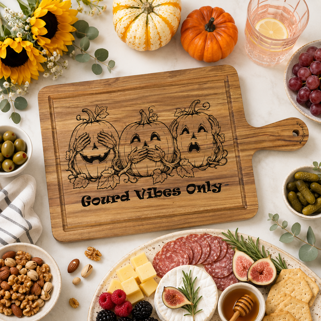 Gourd Vibes Only Halloween Charcuterie Board with Laser Engraved 3 Pumpkins