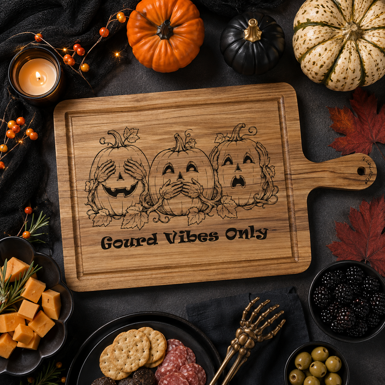 Gourd Vibes Only Halloween Charcuterie Board with Laser Engraved 3 Pumpkins