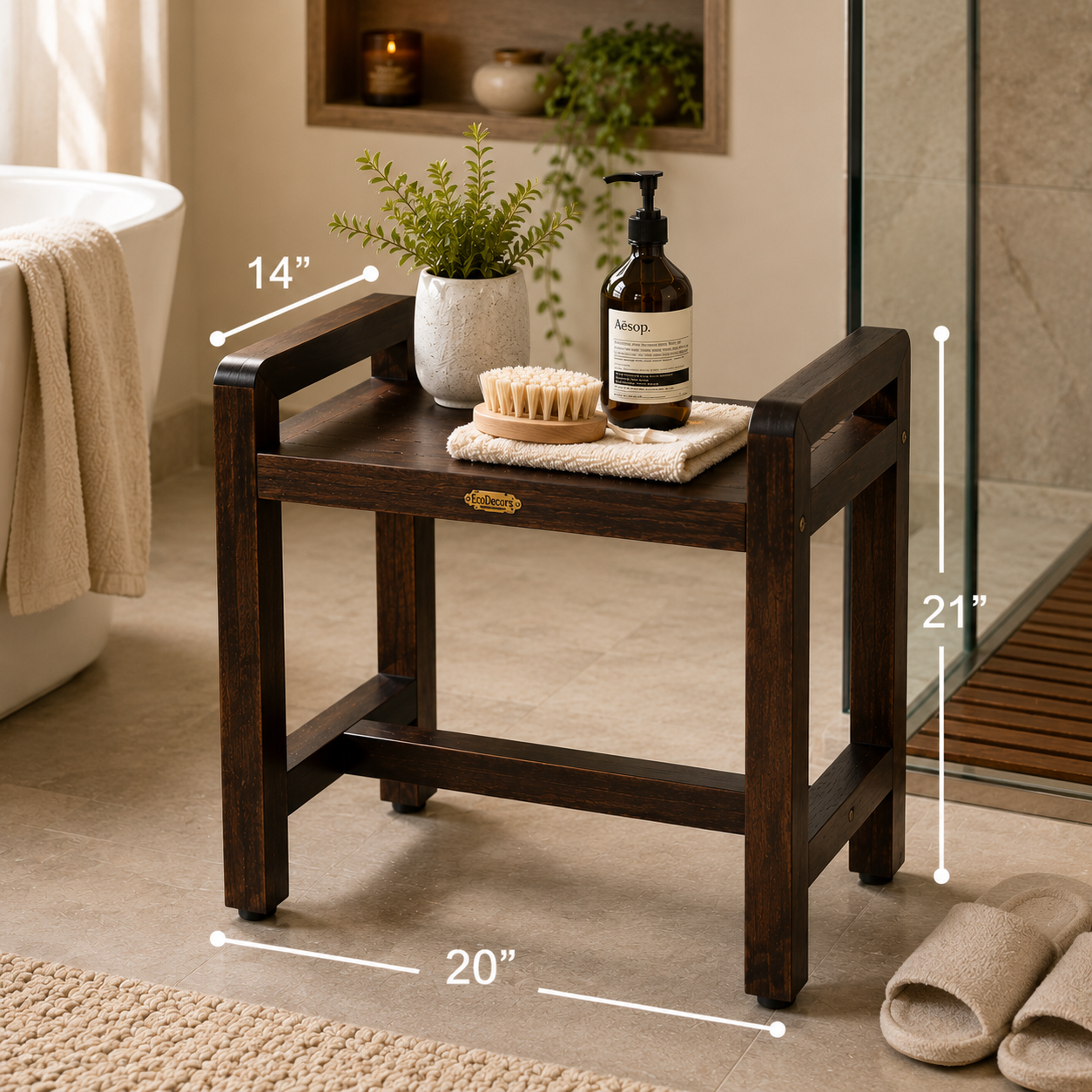 DecoTeak® Eleganto® 20" Teak Wood Shower Bench with LiftAide® Arms in Woodland Brown Finish