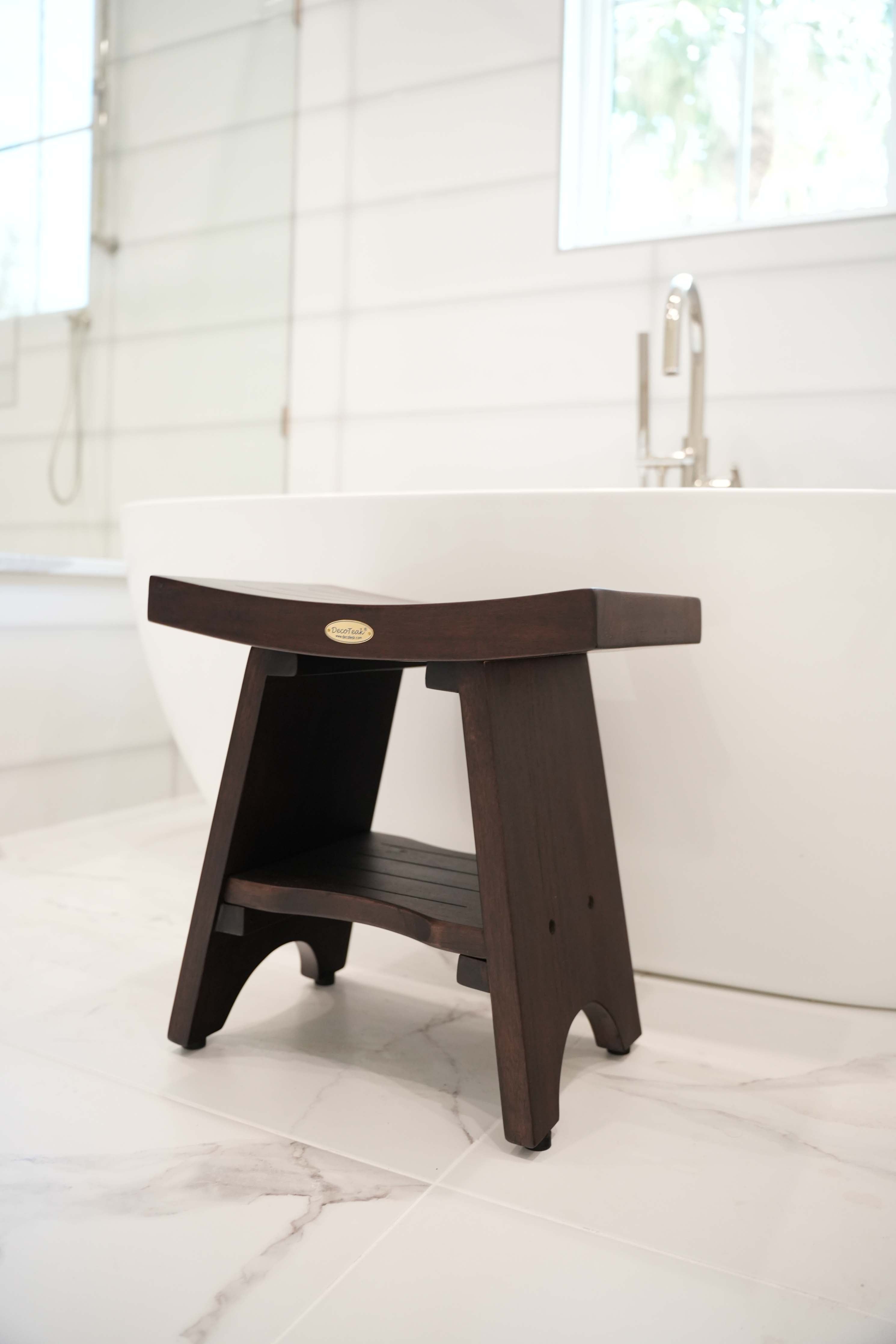 DecoTeak® Serenity® 18" Teak Wood Shower Bench with Shelf in Woodland Brown Finish