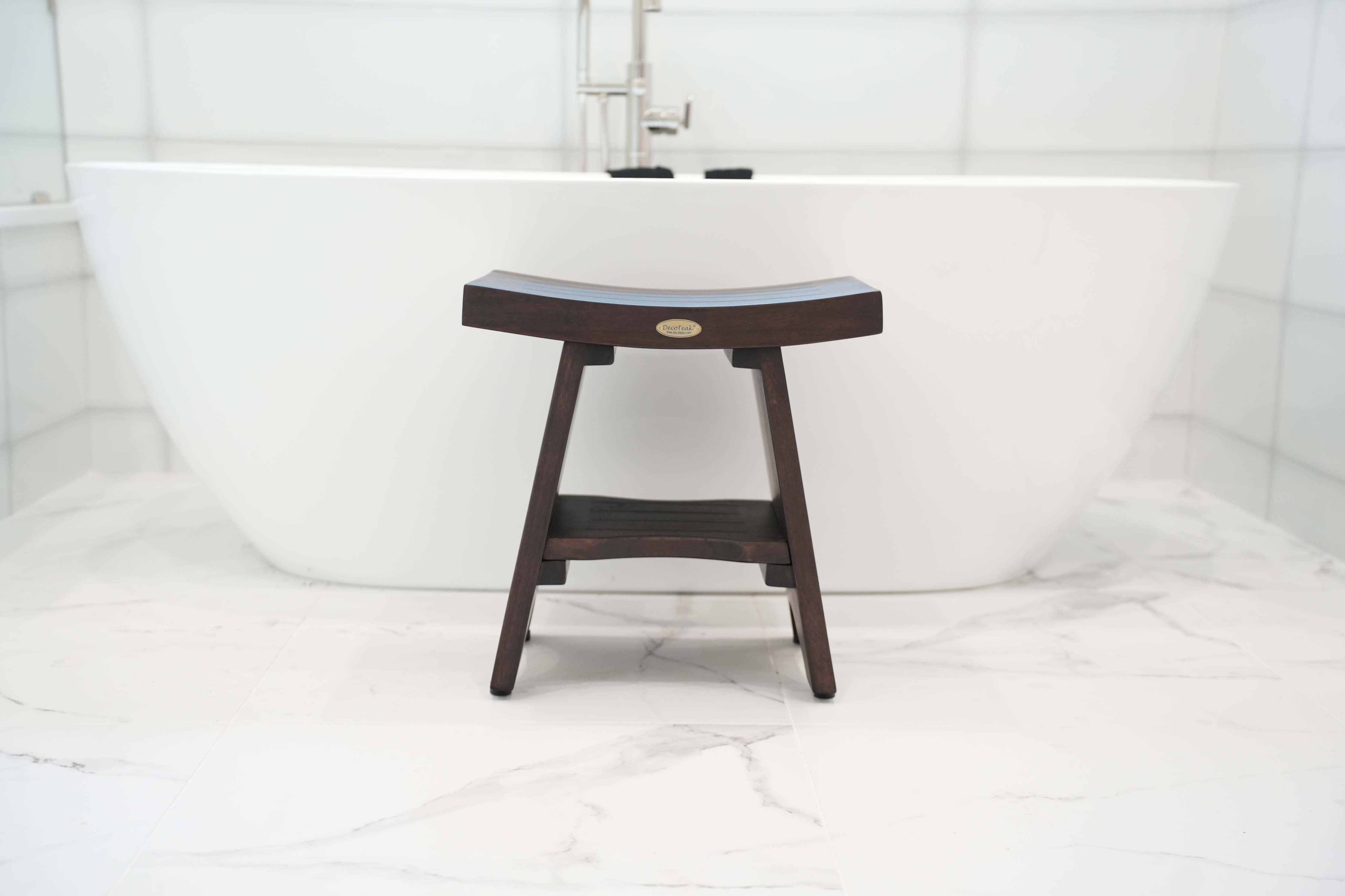 DecoTeak® Serenity® 18" Teak Wood Shower Bench with Shelf in Woodland Brown Finish