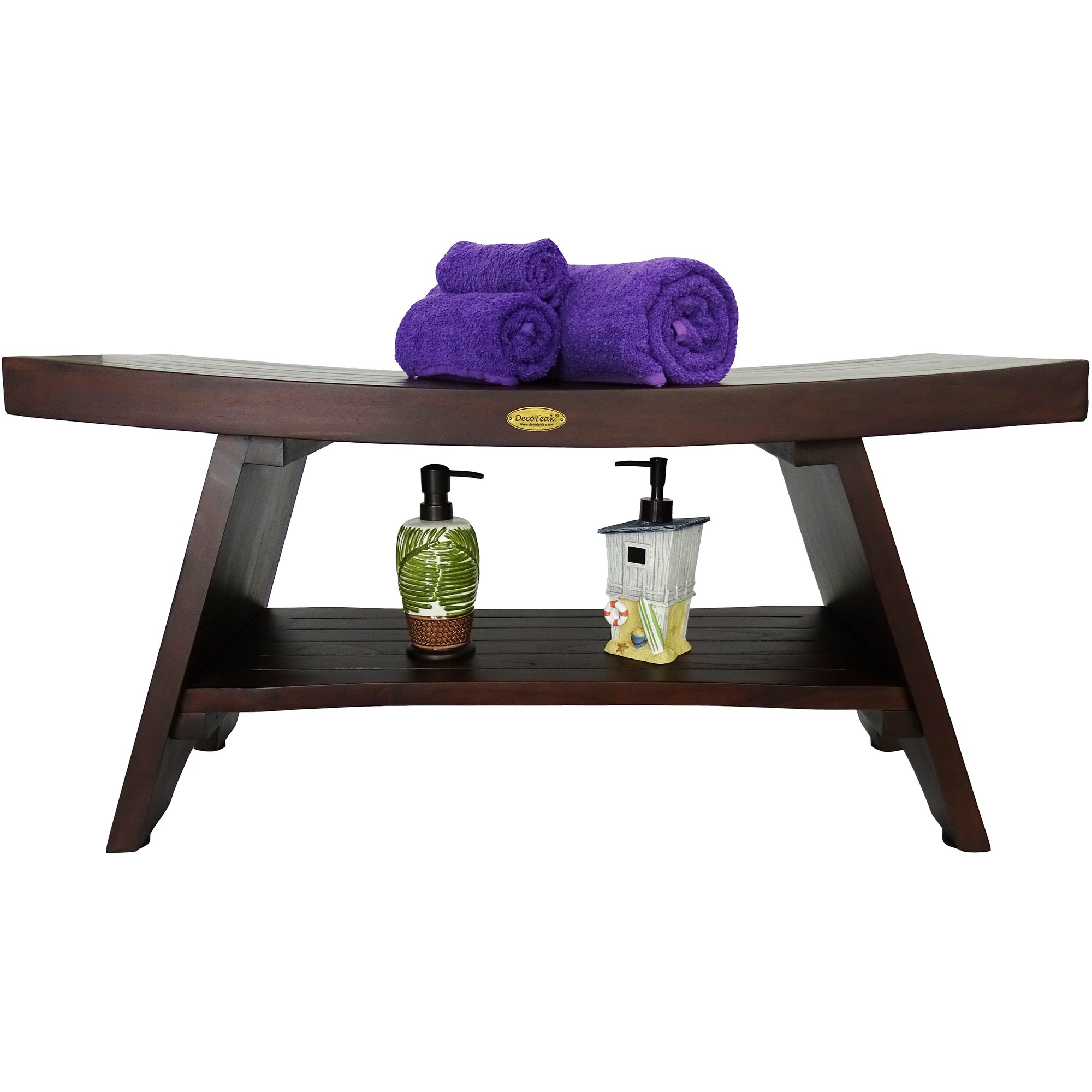 DecoTeak® Serenity® 35" Teak Wood Shower Bench with Shelf in Woodland Brown Finish