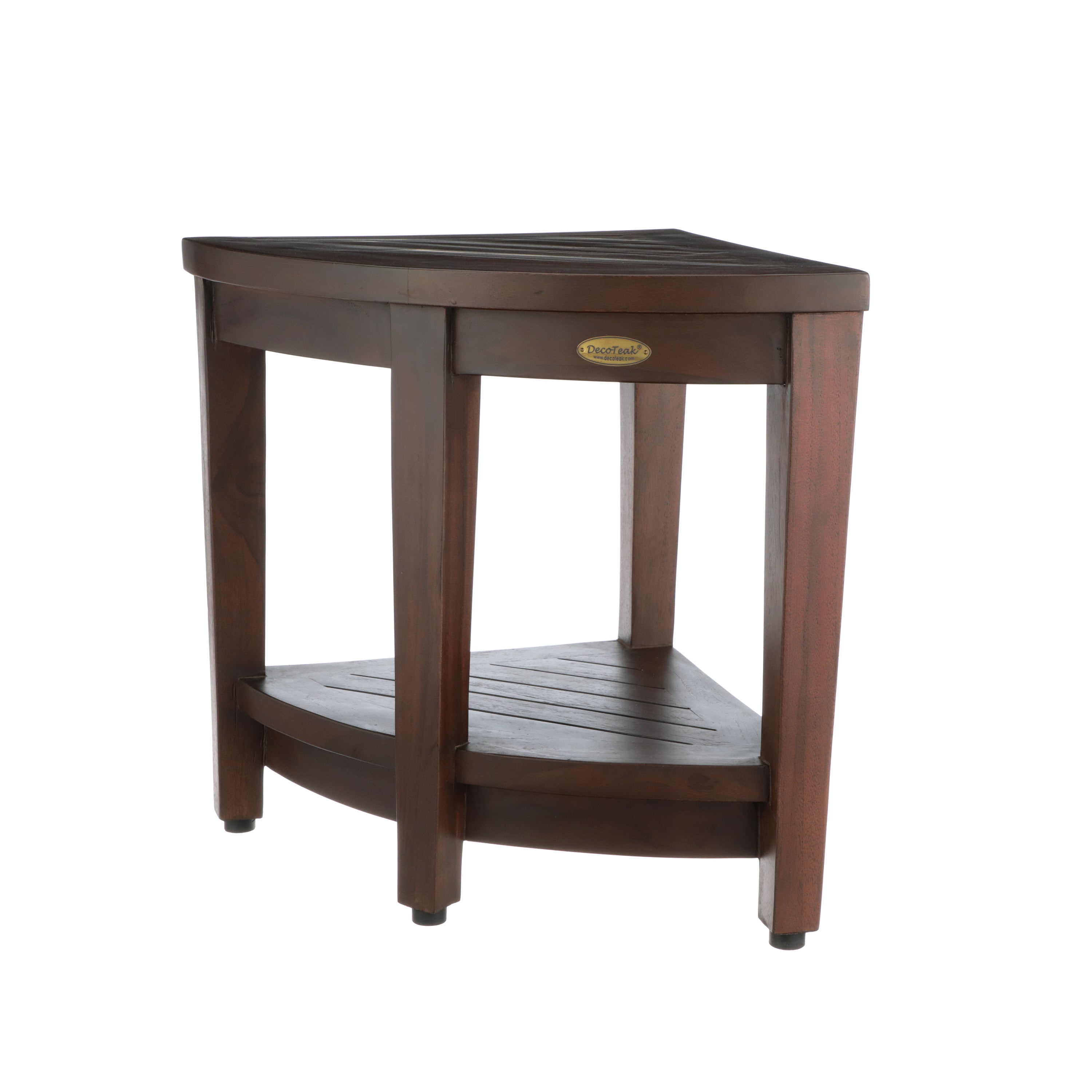 DecoTeak® SnazzyCorner® 18" Teak Wood Wide Corner Shower Bench with Shelf in Woodland Brown Finish