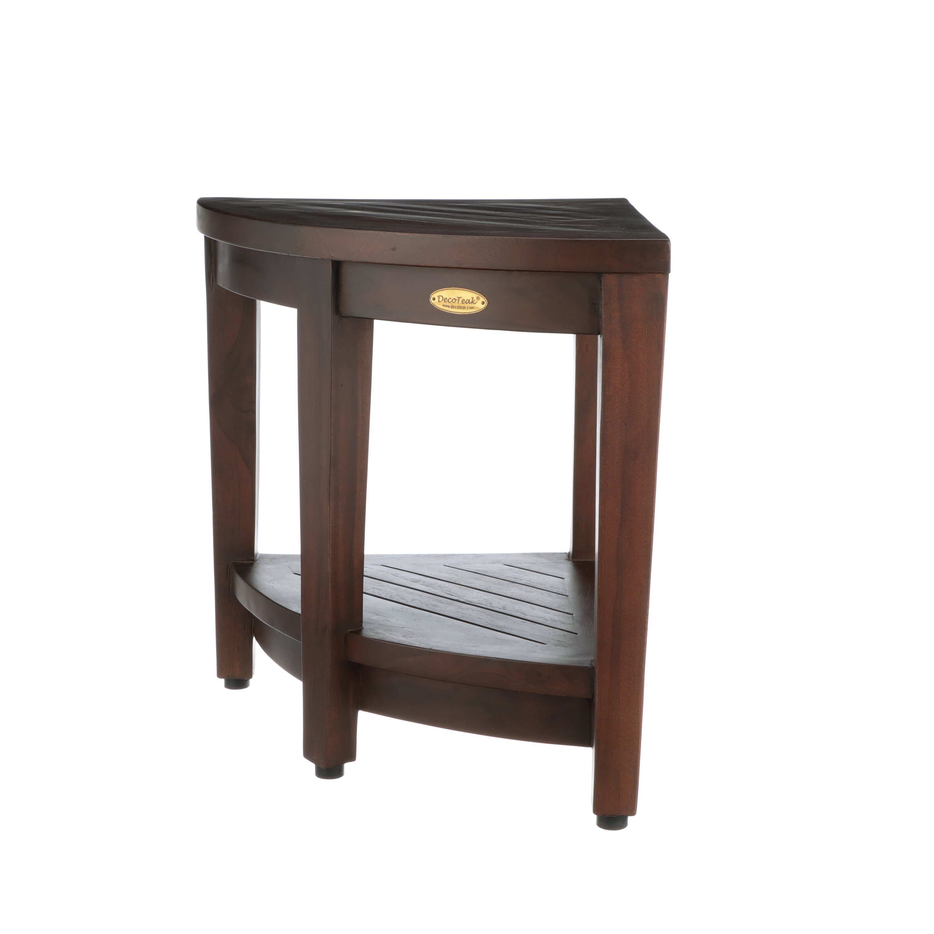 DecoTeak® SnazzyCorner® 18" Teak Wood Wide Corner Shower Bench with Shelf in Woodland Brown Finish