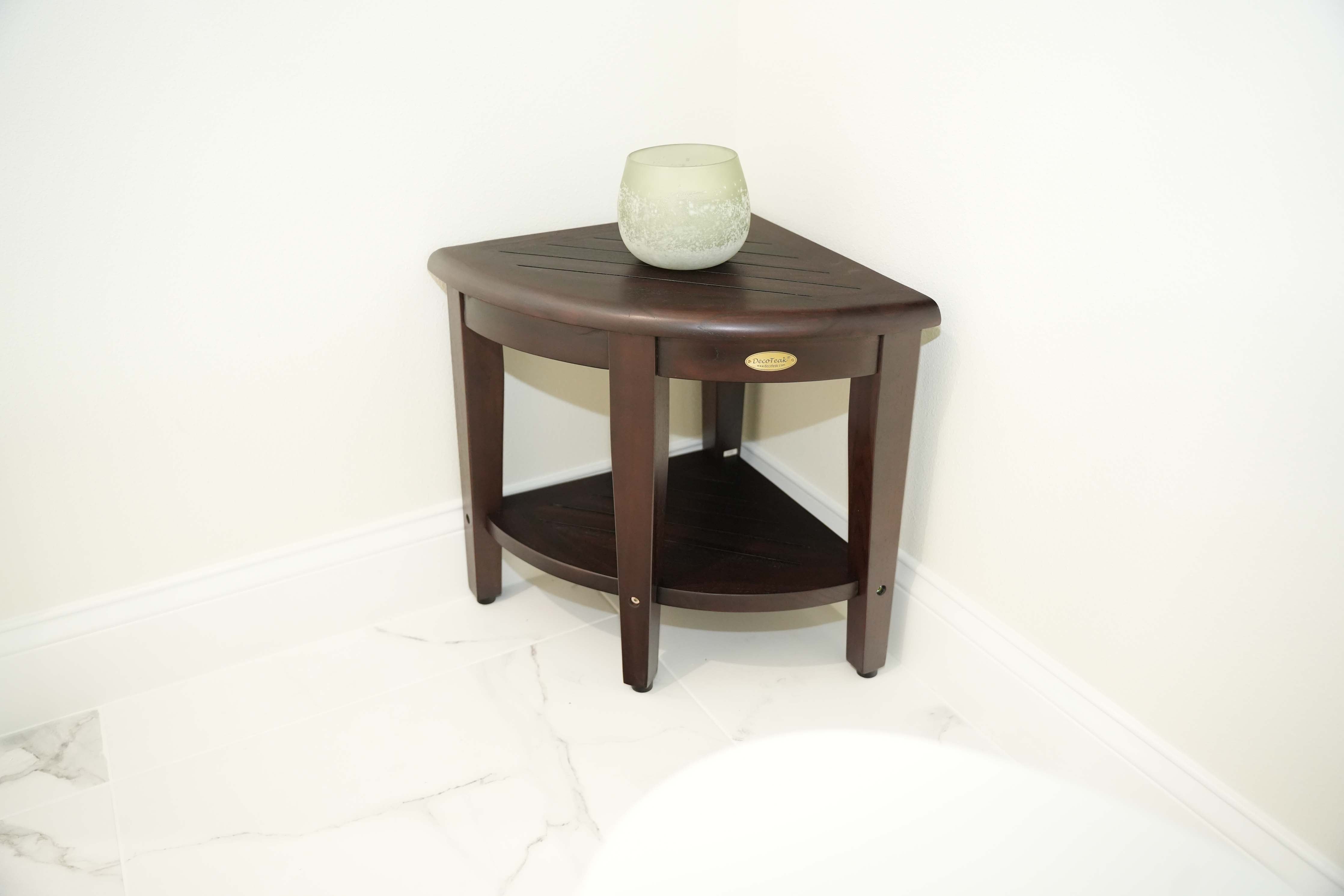 DecoTeak® SnazzyCorner® 18" Teak Wood Wide Corner Shower Bench with Shelf in Woodland Brown Finish