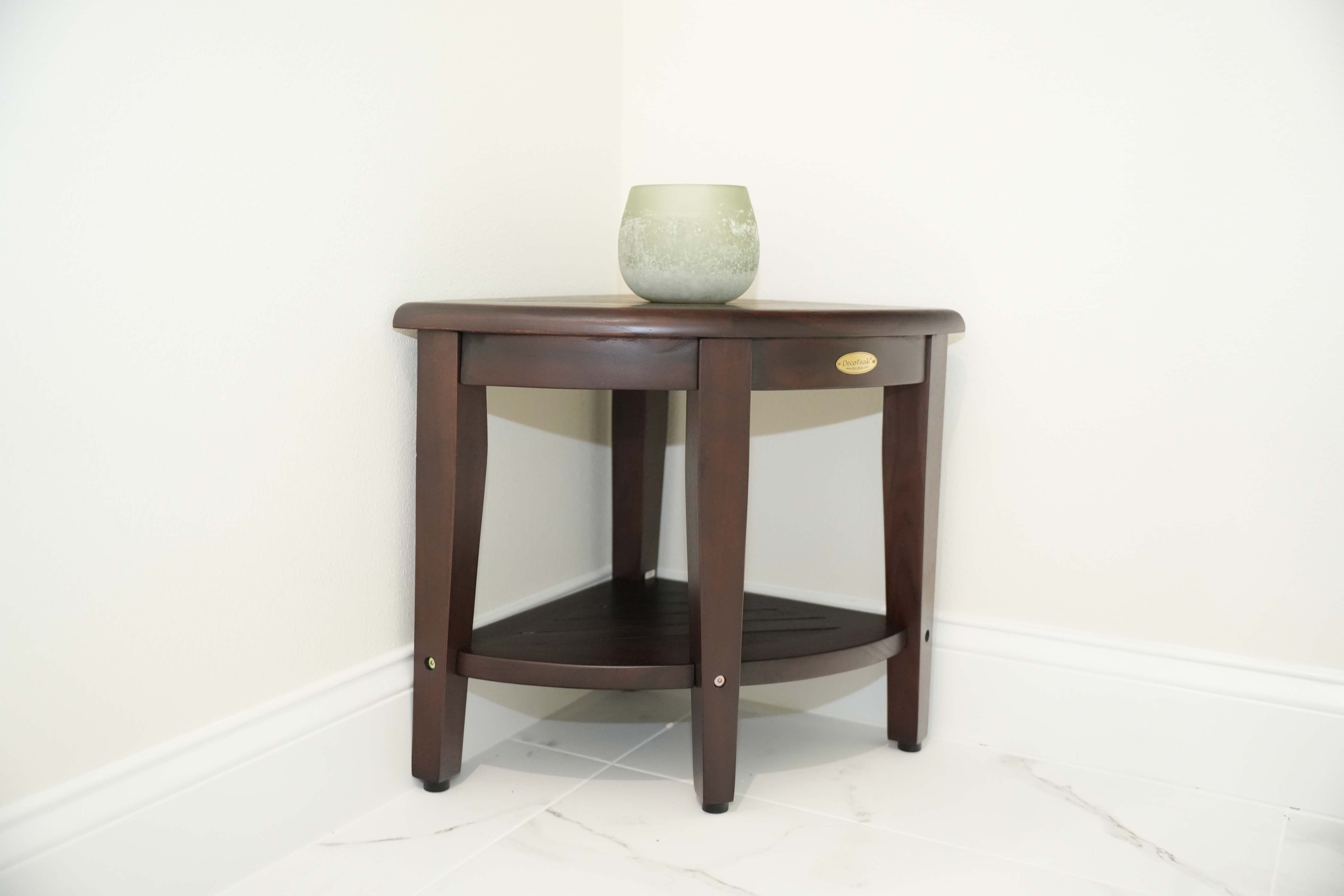 DecoTeak® SnazzyCorner® 18" Teak Wood Wide Corner Shower Bench with Shelf in Woodland Brown Finish