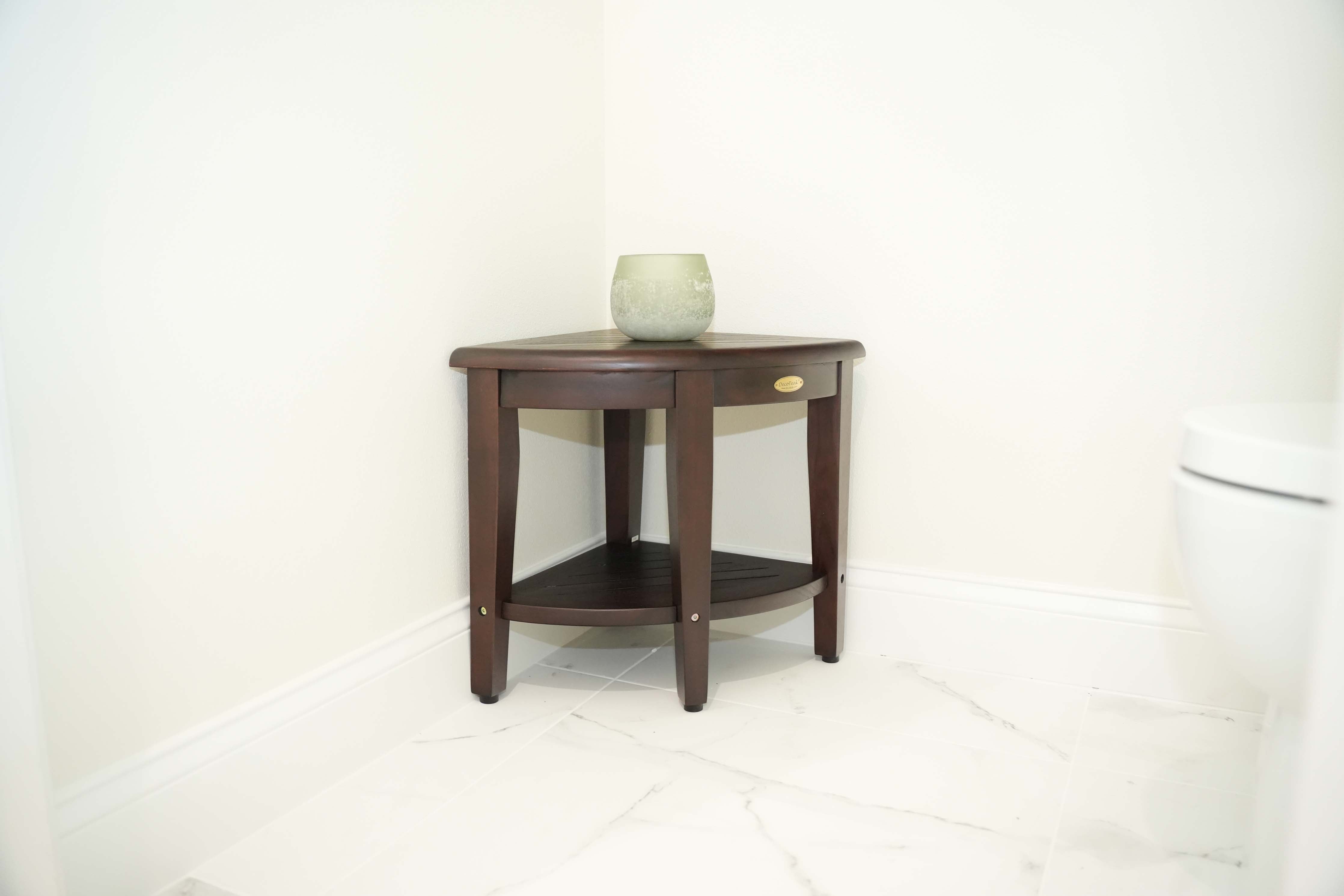 DecoTeak® SnazzyCorner® 18" Teak Wood Wide Corner Shower Bench with Shelf in Woodland Brown Finish