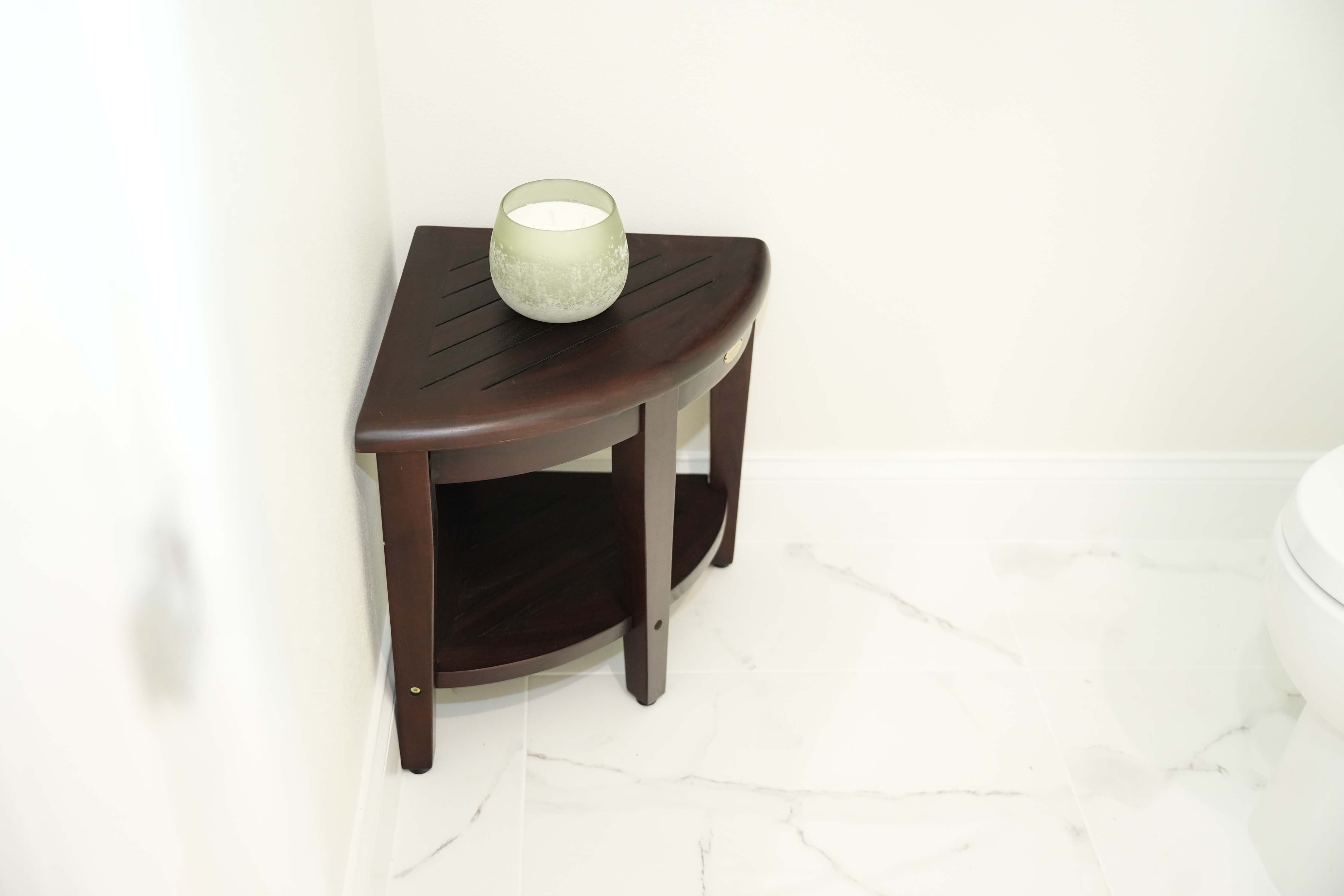 DecoTeak® SnazzyCorner® 18" Teak Wood Wide Corner Shower Bench with Shelf in Woodland Brown Finish