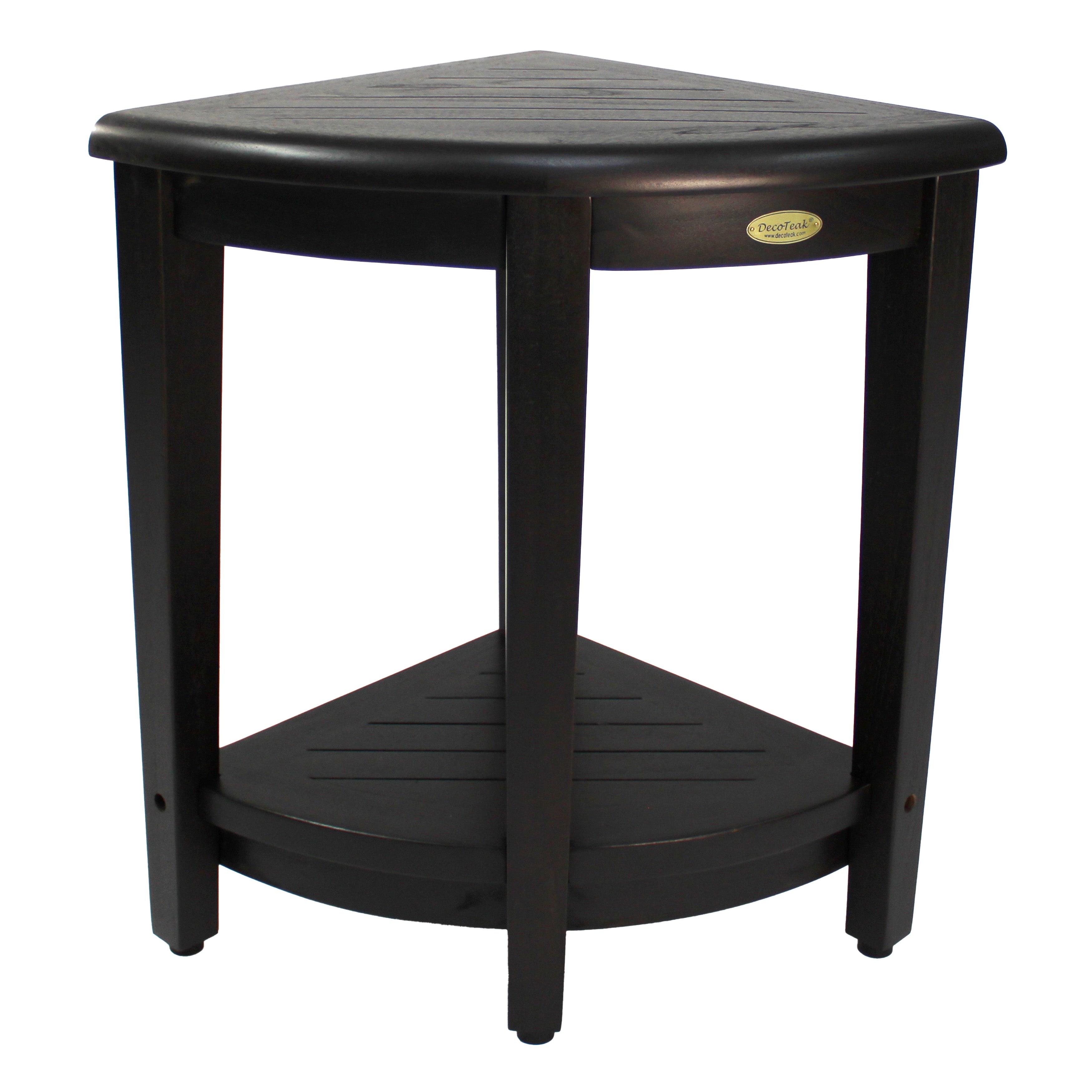 DecoTeak® SnazzyCorner® 23" Teak Wood Extended Height Corner Shower Bench with Shelf in Woodland Brown Finish - Extended Height