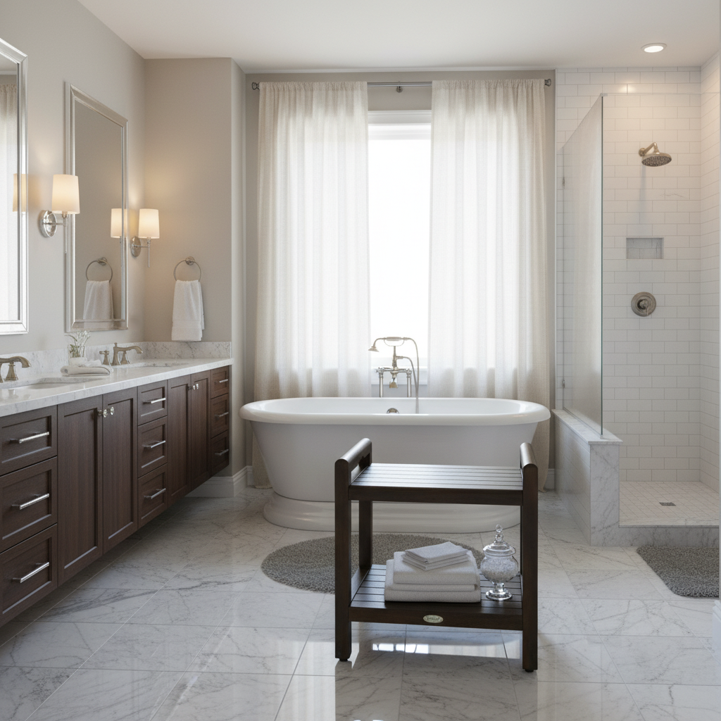 DecoTeak® Eleganto® 21"H Teak Wood Shower Bench with LiftAide® Arms and Shelf in Woodland Brown Finish