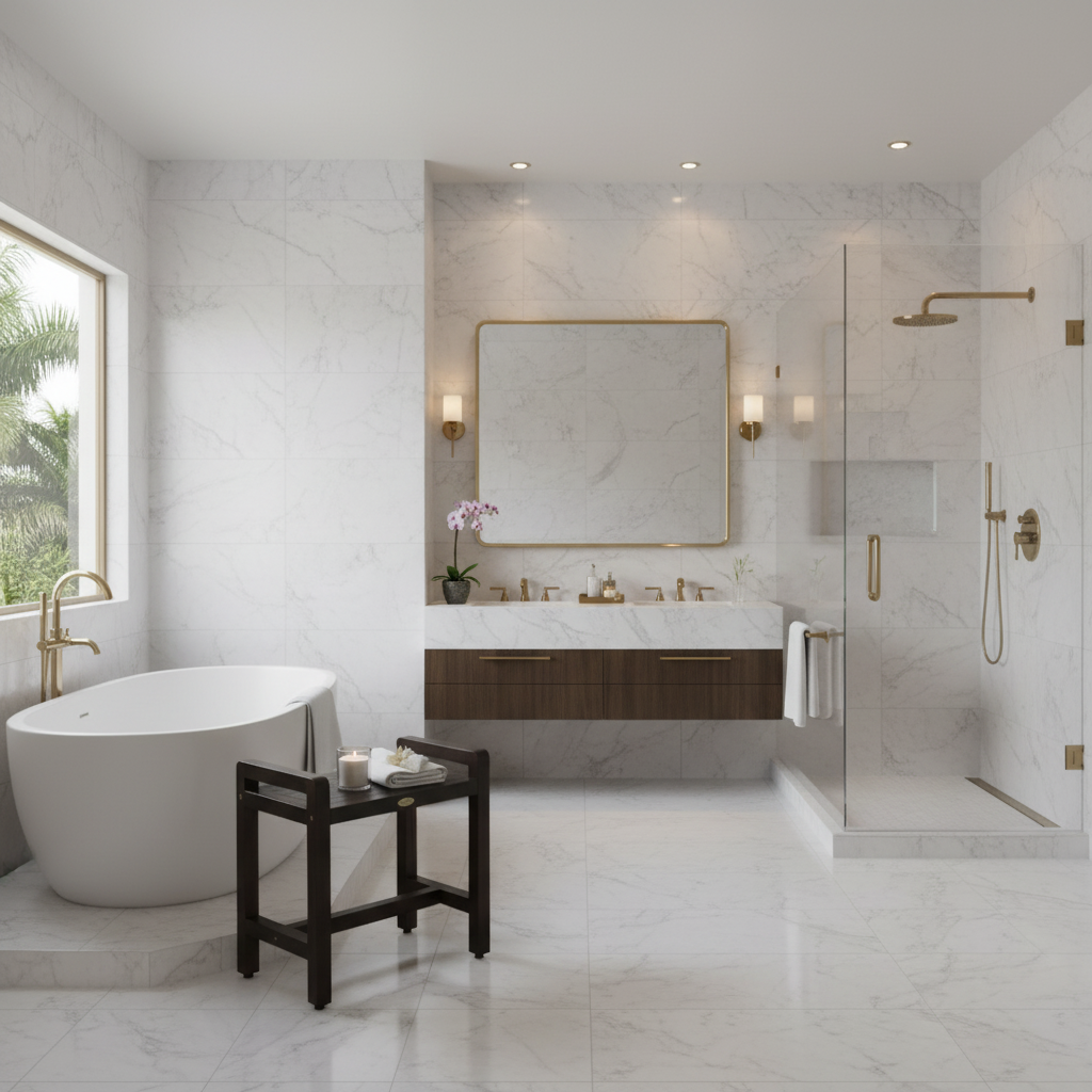 DecoTeak® Eleganto® 20" Teak Wood Shower Bench with LiftAide® Arms in Woodland Brown Finish