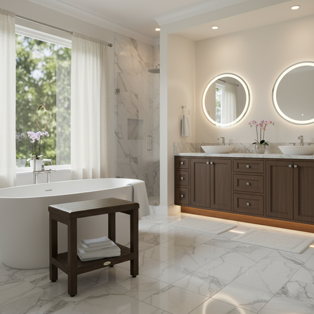 DecoTeak® Eleganto® 18" Teak Wood Shower Bench with Shelf in Woodland Brown Finish